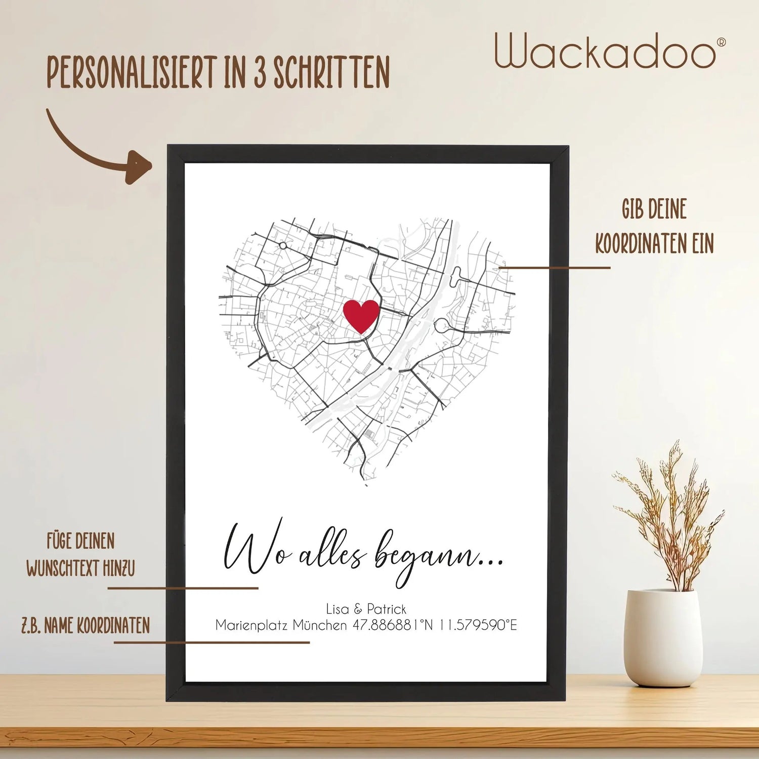 Wackadoo Poster Wo alles begann... mit Koordinaten oder Adresse Personalisierte Geschenke Valentinstag Bild inklusive Bilderrahmen aus Holz Geschenkideen