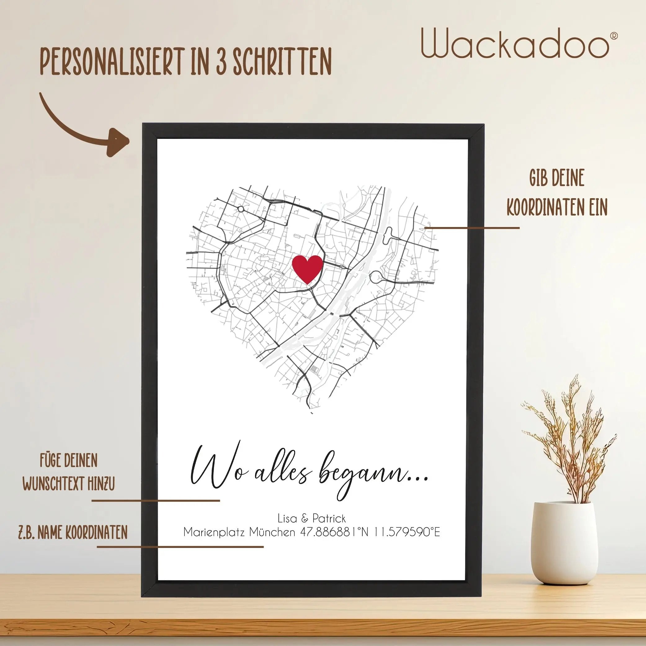 Wackadoo Poster Wo alles begann... mit Koordinaten oder Adresse Personalisierte Geschenke Valentinstag Bild inklusive Bilderrahmen aus Holz Geschenkideen