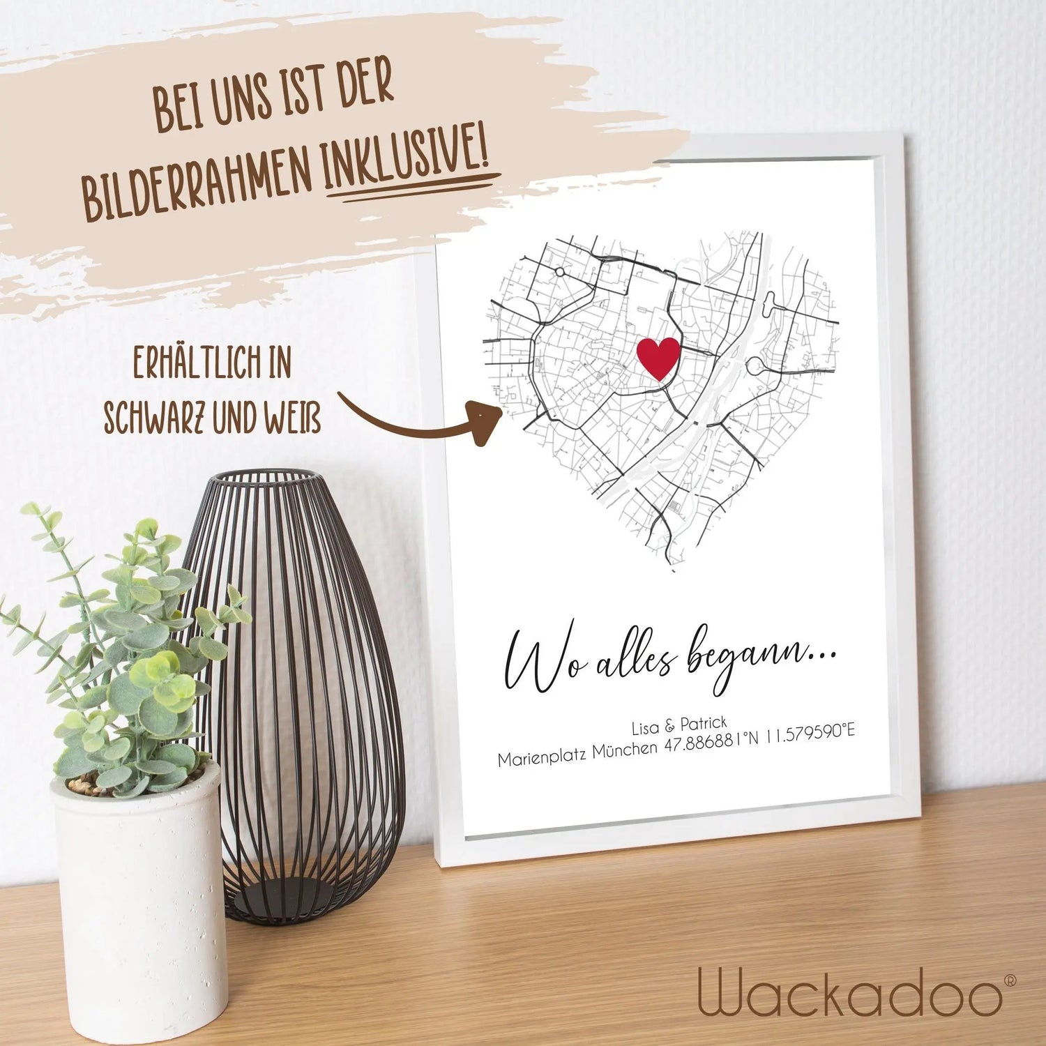 Wackadoo Poster Wo alles begann... mit Koordinaten oder Adresse Personalisierte Geschenke Valentinstag Bild inklusive Bilderrahmen aus Holz Geschenkideen