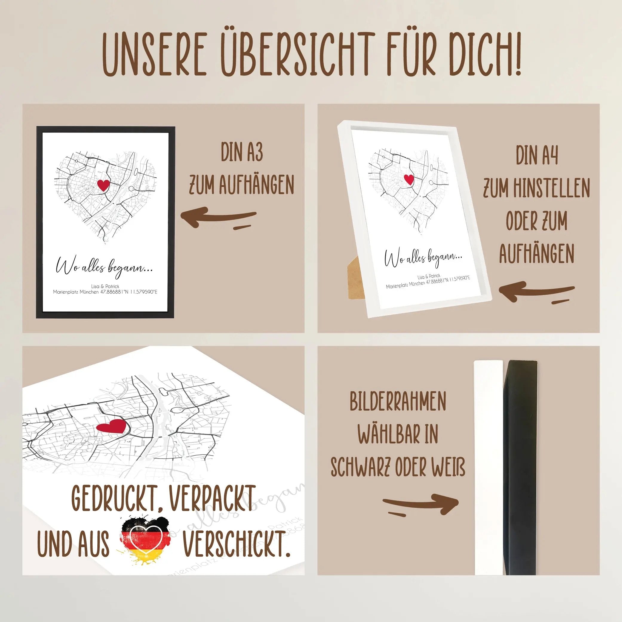 Wackadoo Poster Wo alles begann... mit Koordinaten oder Adresse Personalisierte Geschenke Valentinstag Bild inklusive Bilderrahmen aus Holz Geschenkideen