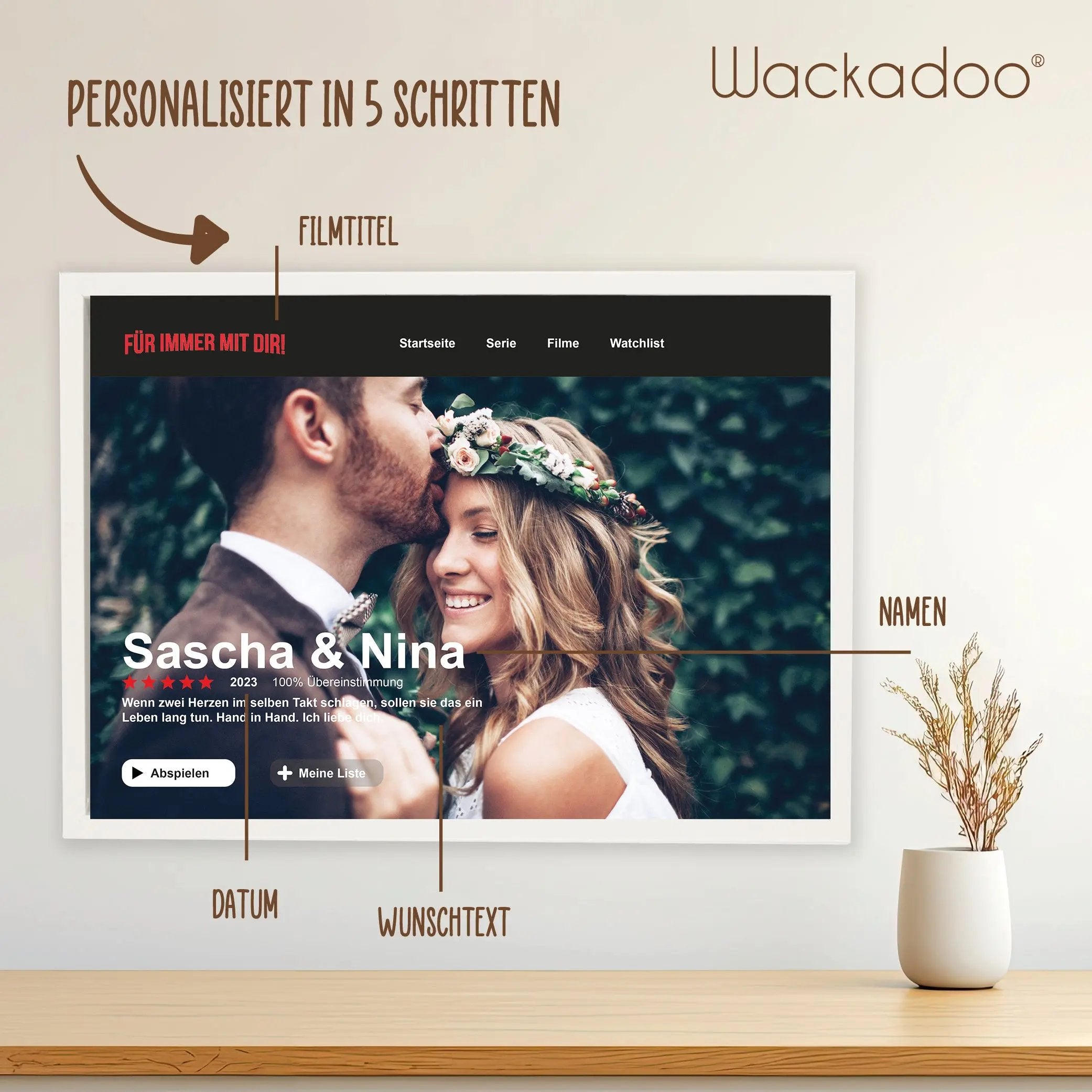 Wackadoo Poster Filmtitel mit Foto und individuellem Text Personalisiertes Geschenk inklusive Bilderrahmen aus Holz Geschenkideen