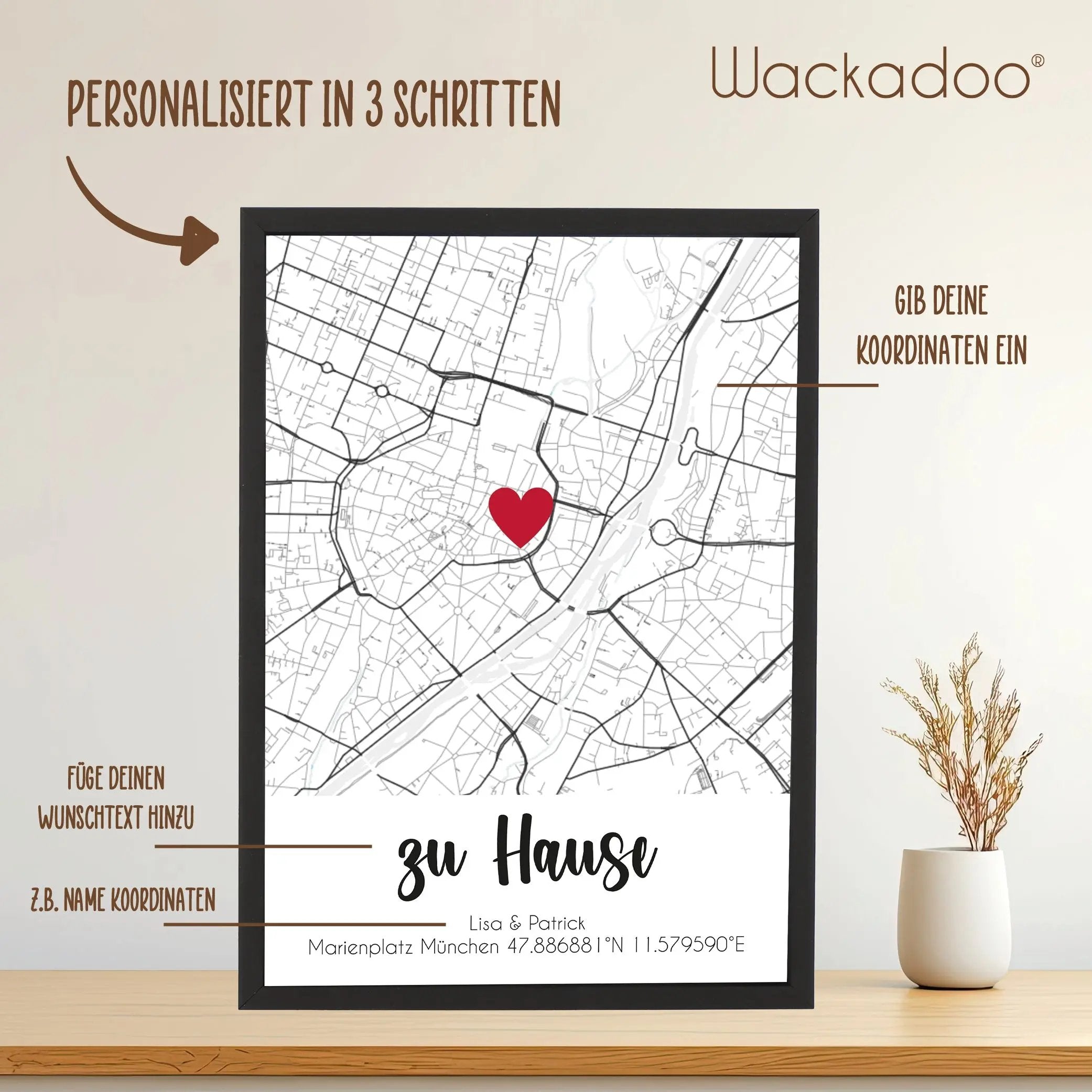 Wackadoo Poster Zuhause... mit Koordinaten oder Adresse Personalisierte Geschenke Valentinstag Bild inklusive Bilderrahmen aus Holz Geschenkideen
