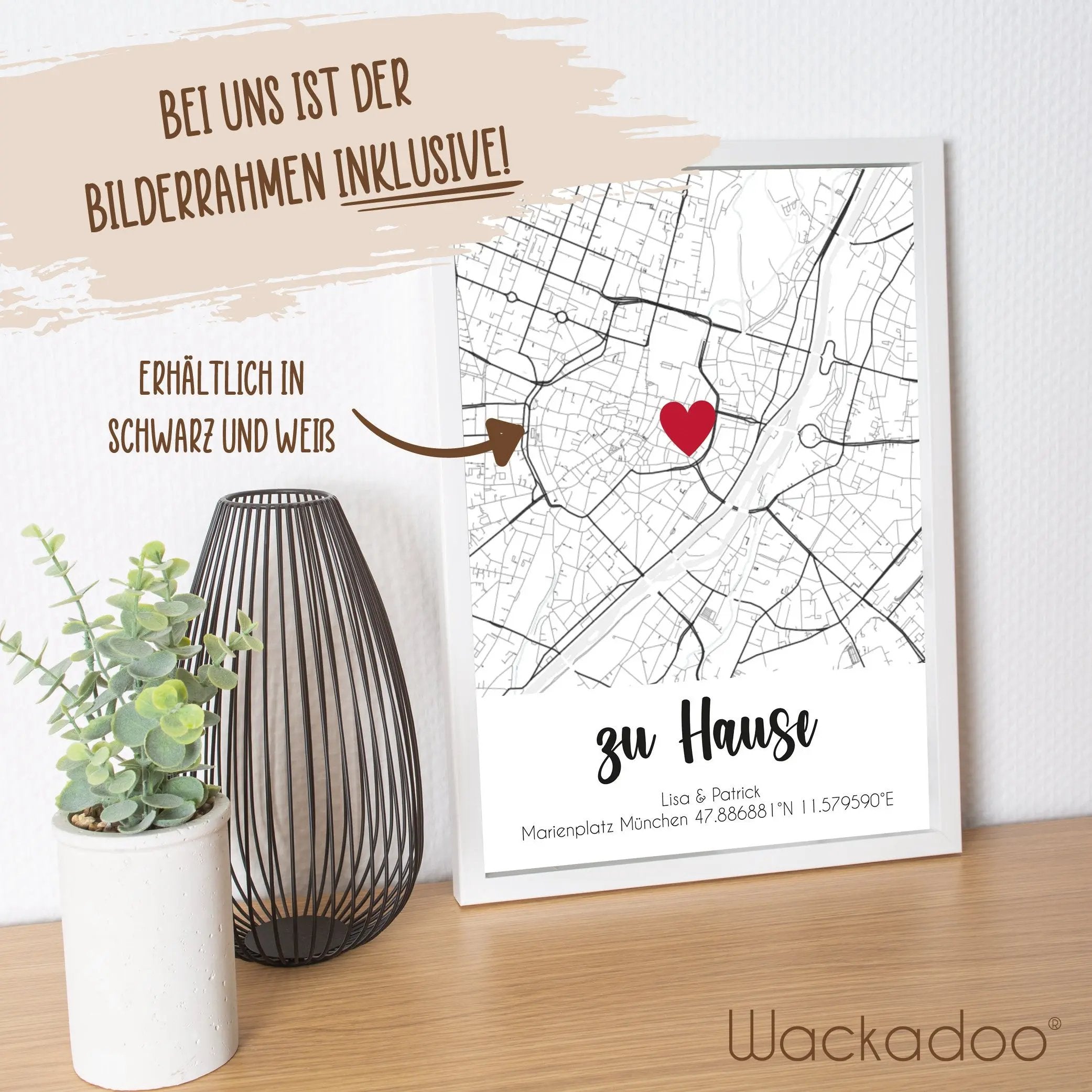 Wackadoo Poster Zuhause... mit Koordinaten oder Adresse Personalisierte Geschenke Valentinstag Bild inklusive Bilderrahmen aus Holz Geschenkideen