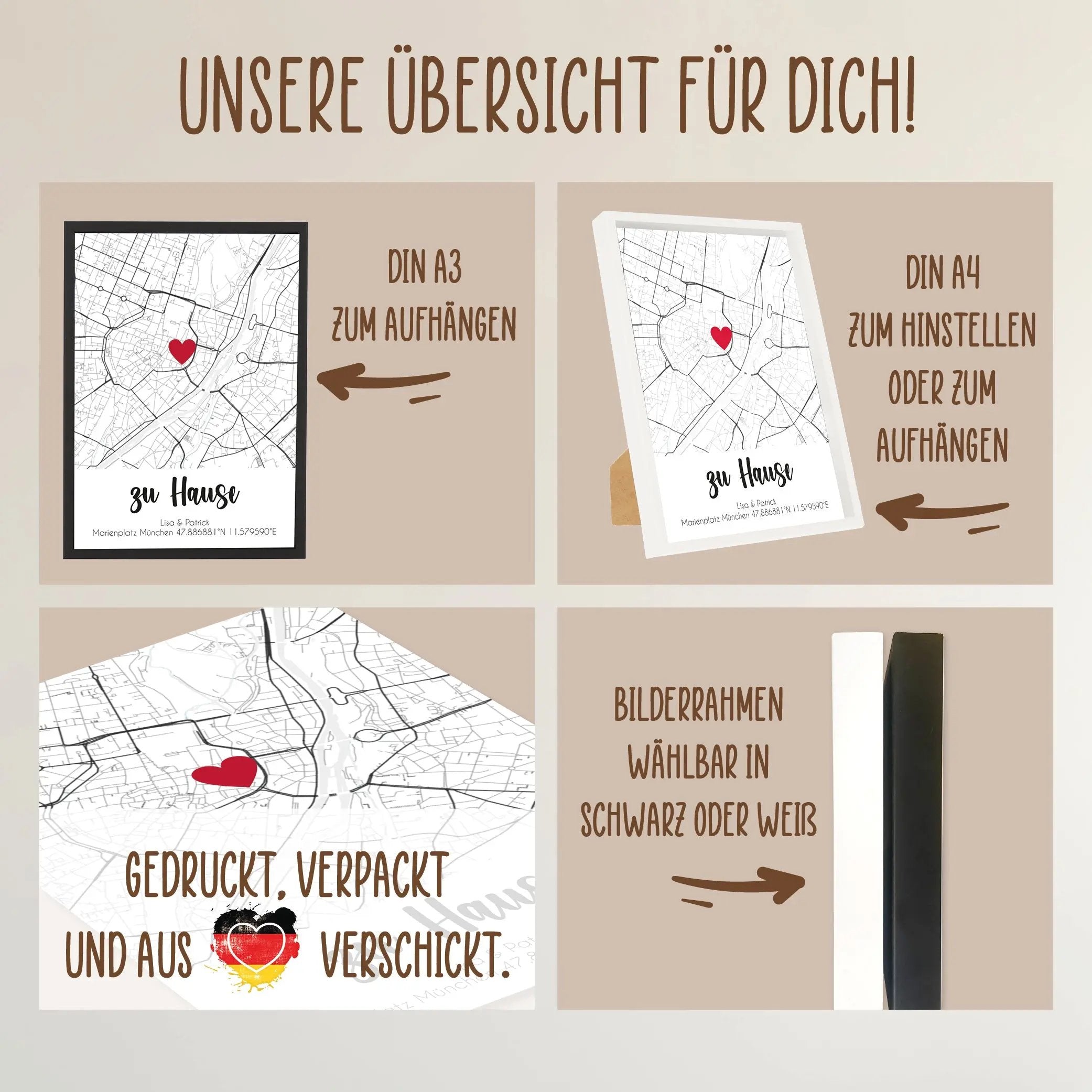 Wackadoo Poster Zuhause... mit Koordinaten oder Adresse Personalisierte Geschenke Valentinstag Bild inklusive Bilderrahmen aus Holz Geschenkideen