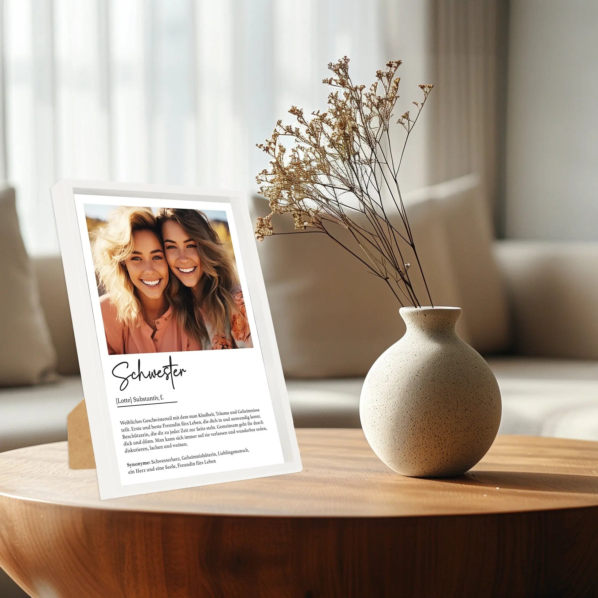 Wackadoo Poster Schwester mit Foto und Namen Personalisiertes Geschenk inklusive Bilderrahmen aus Holz Geschenkideen