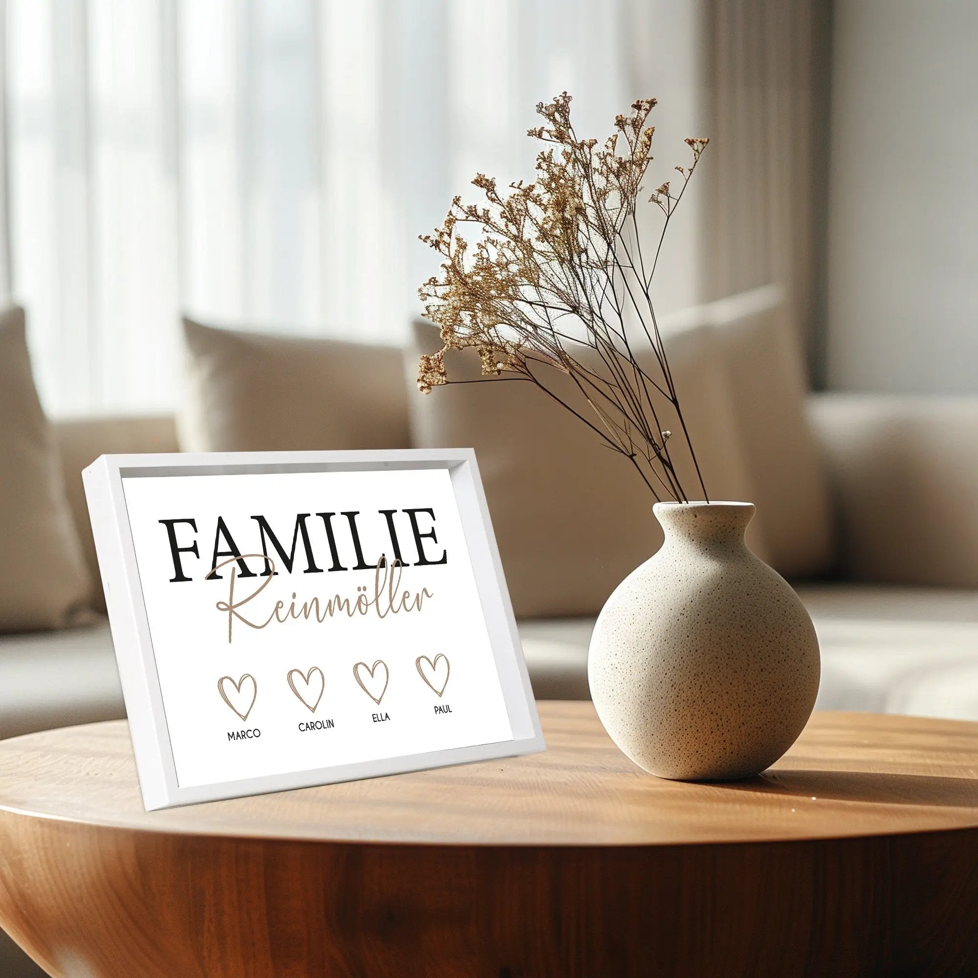 Wackadoo Poster Familie mit Herzen und Namen Personalisiertes Geschenk inklusive Bilderrahmen aus Holz Geschenkideen