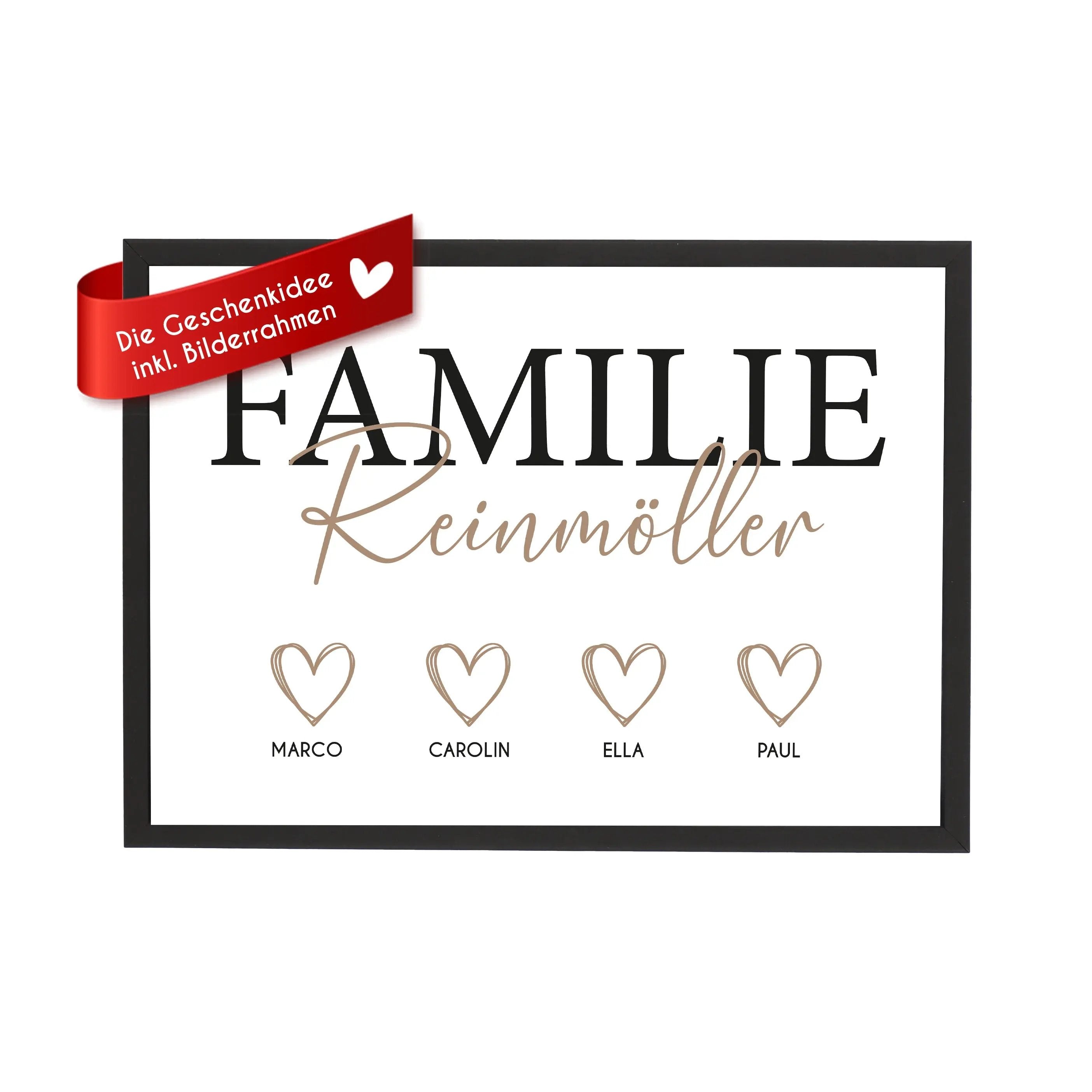Wackadoo Poster Familie mit Herzen und Namen Personalisiertes Geschenk inklusive Bilderrahmen aus Holz Geschenkideen