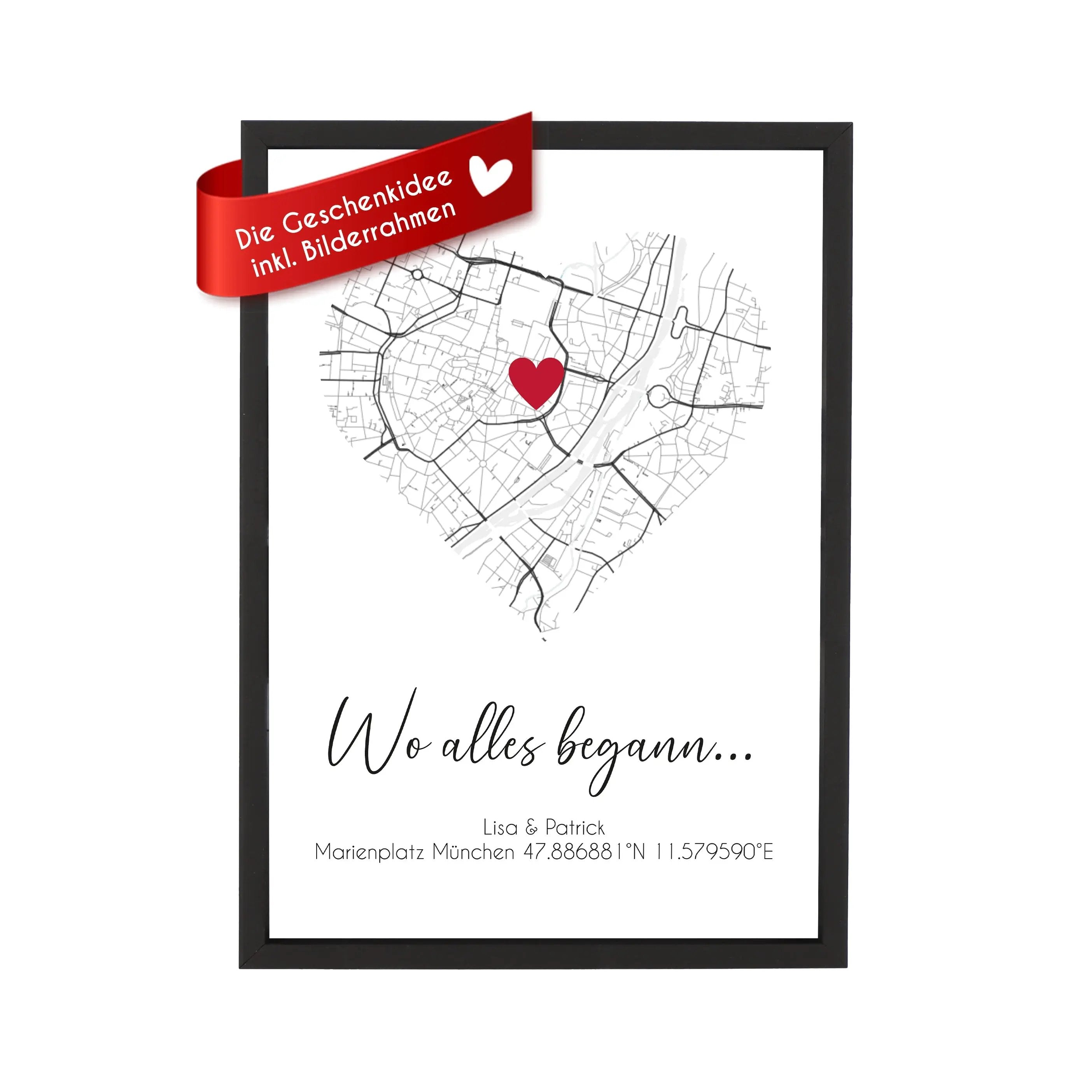 Wackadoo Poster Wo alles begann... mit Koordinaten oder Adresse Personalisierte Geschenke Valentinstag Bild inklusive Bilderrahmen aus Holz Geschenkideen