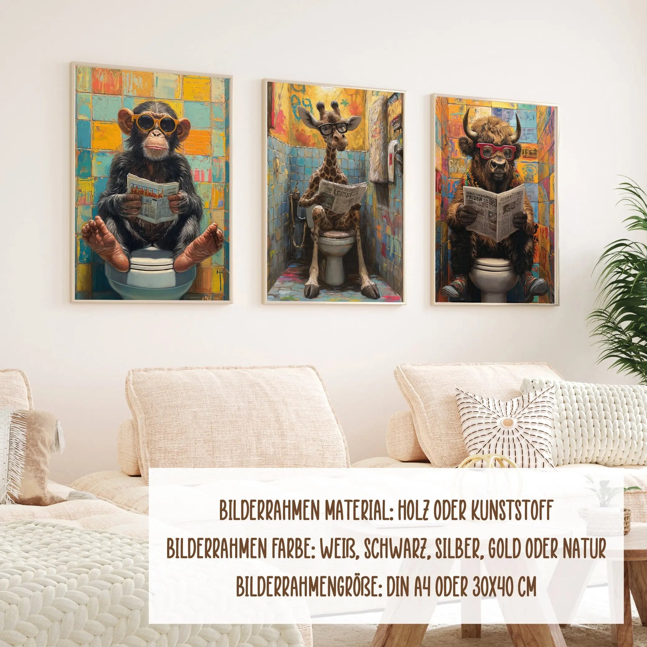 Wackadoo Poster Set "WC Tiere" 3er Set inklusive Bilderrahmen Bilderrahmen Set