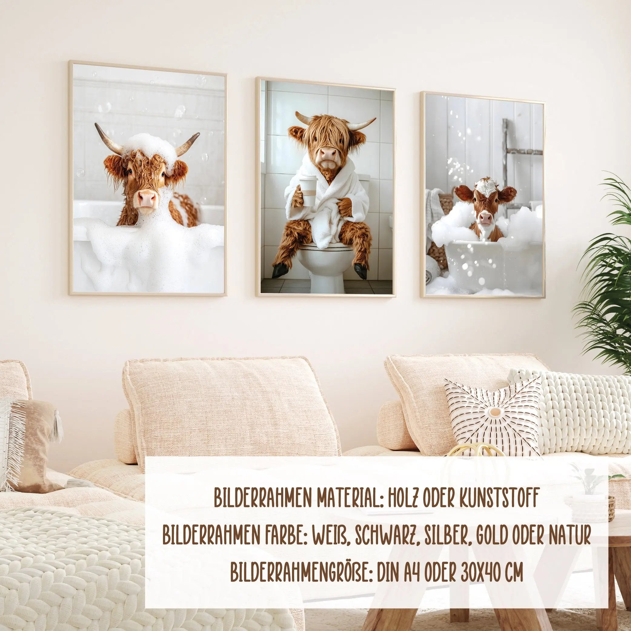 Wackadoo Poster Set "Shower Kuh" 3er Set inklusive Bilderrahmen Bilderrahmen Set
