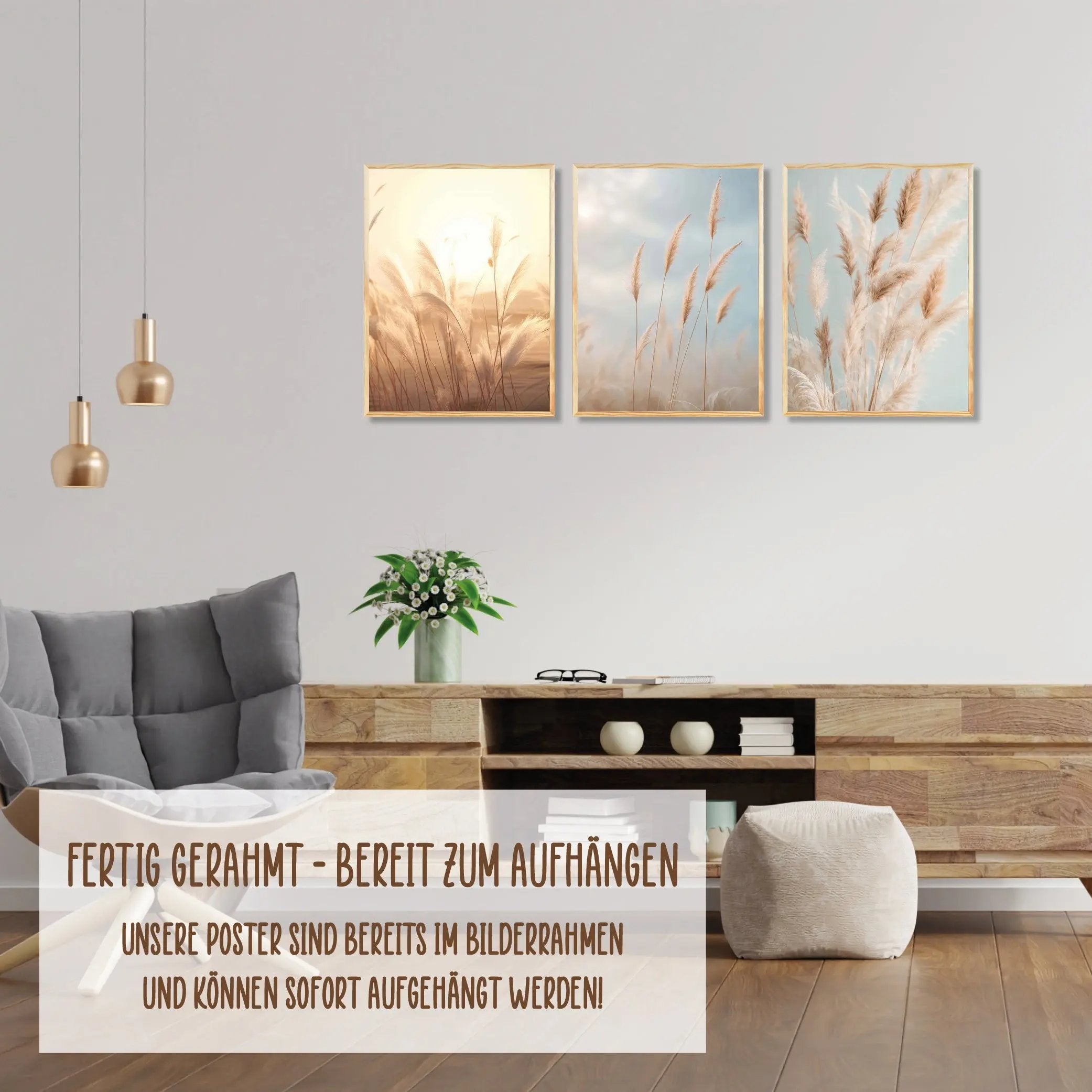 Wackadoo Poster Set "Pampasgras" 3er Set inklusive Bilderrahmen Bilderrahmen Set