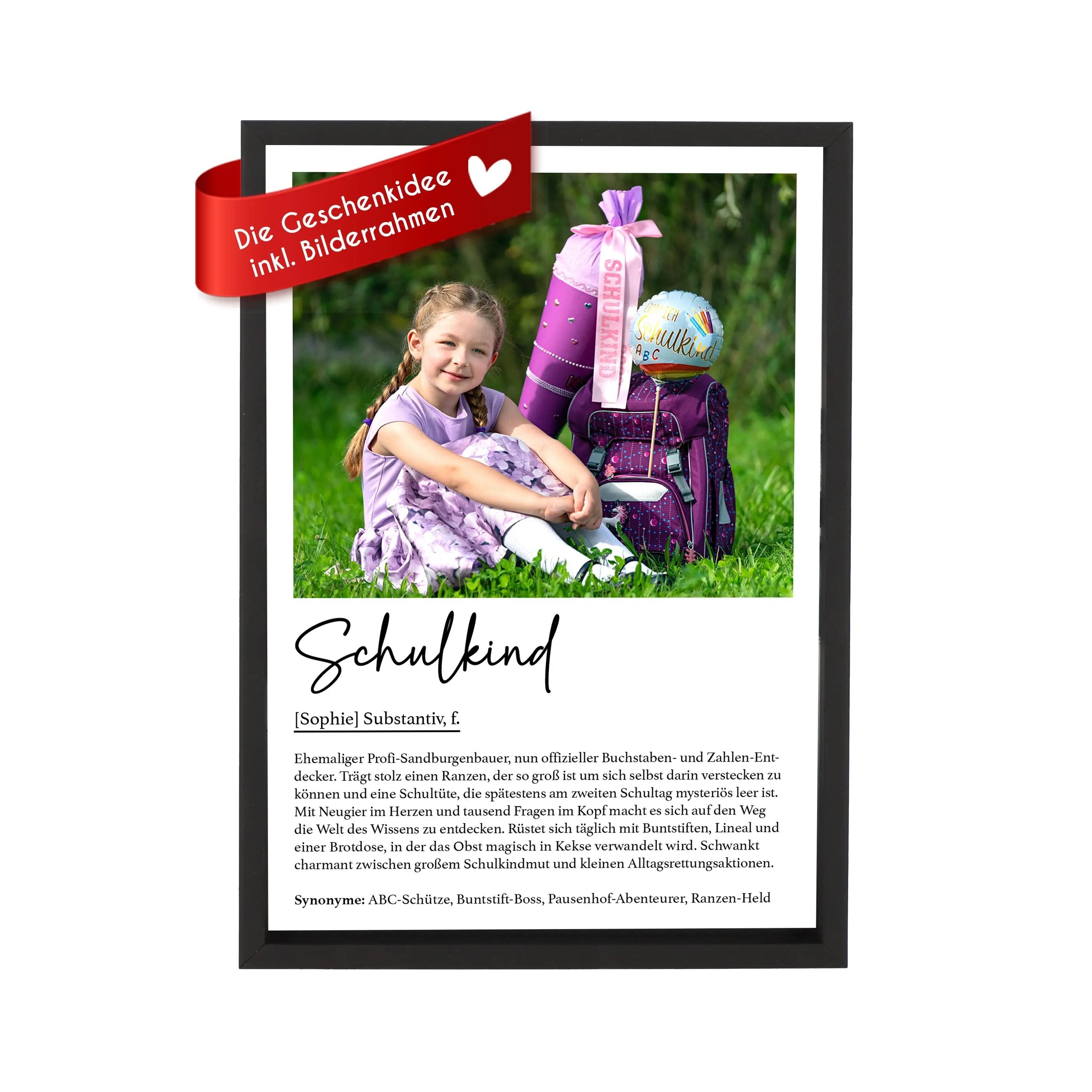 Personalisiertes Poster Schulkind mit Foto und Namen inklusive Bilderrahmen aus Holz Geschenkideen