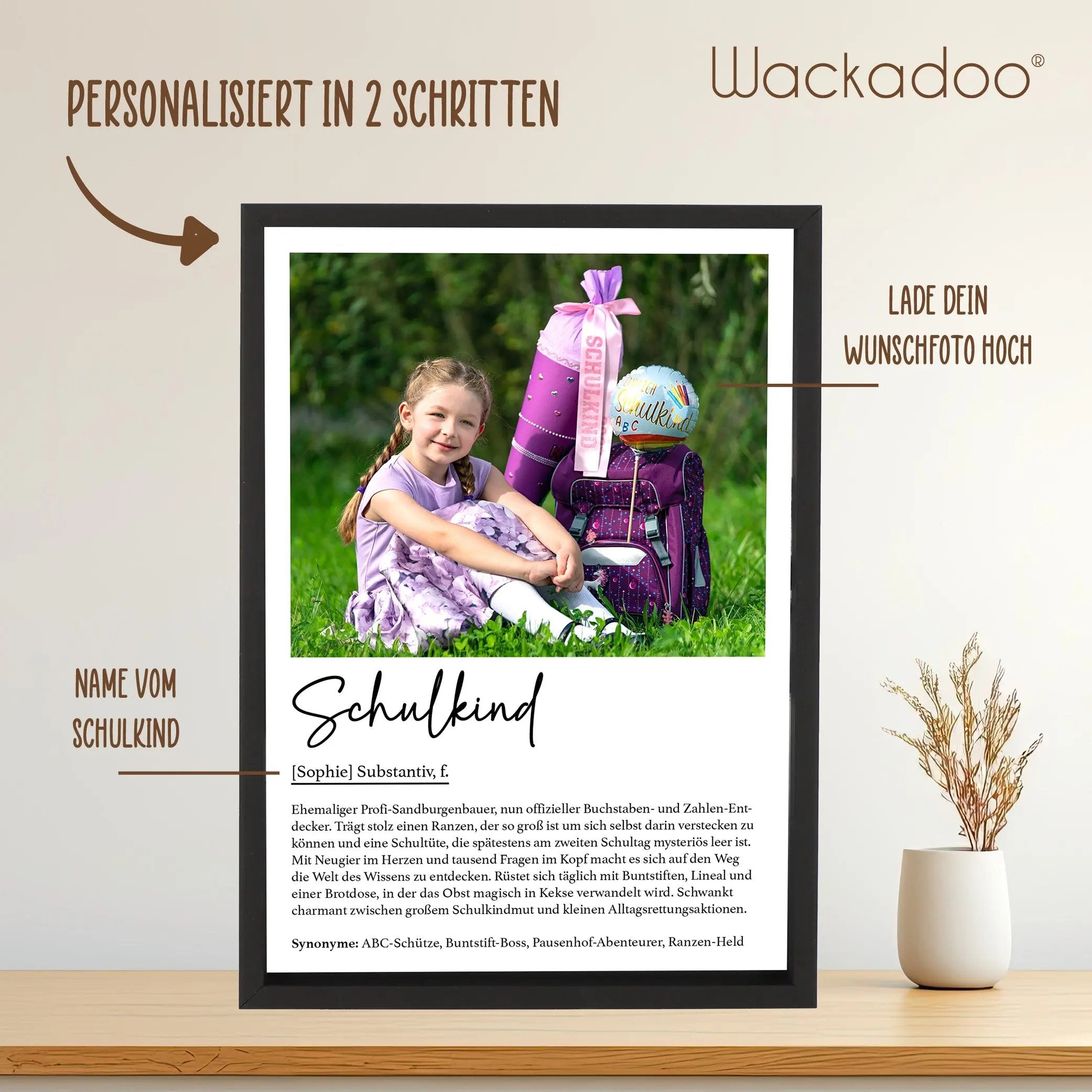 Personalisiertes Poster Schulkind mit Foto und Namen inklusive Bilderrahmen aus Holz Geschenkideen