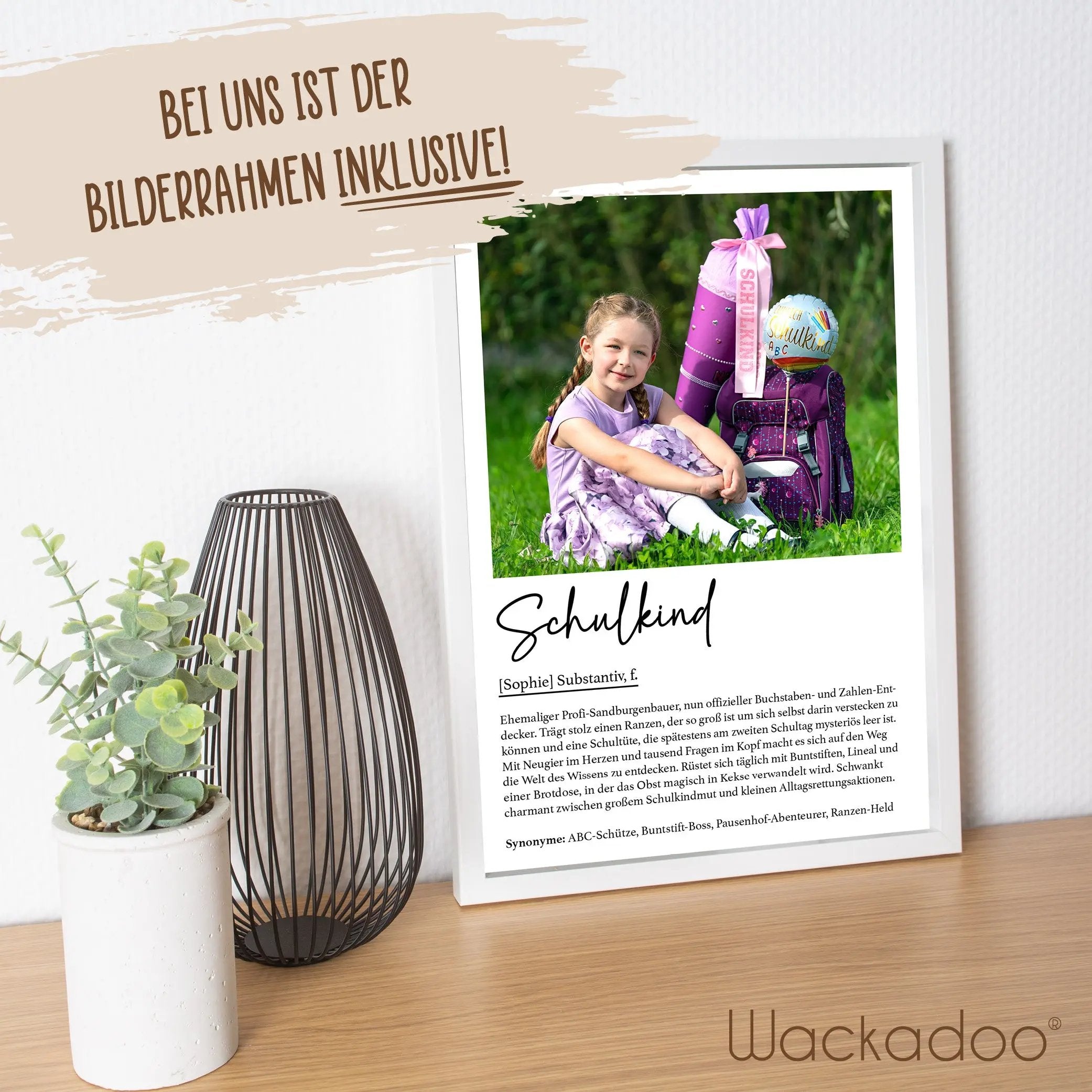 Personalisiertes Poster Schulkind mit Foto und Namen inklusive Bilderrahmen aus Holz Geschenkideen