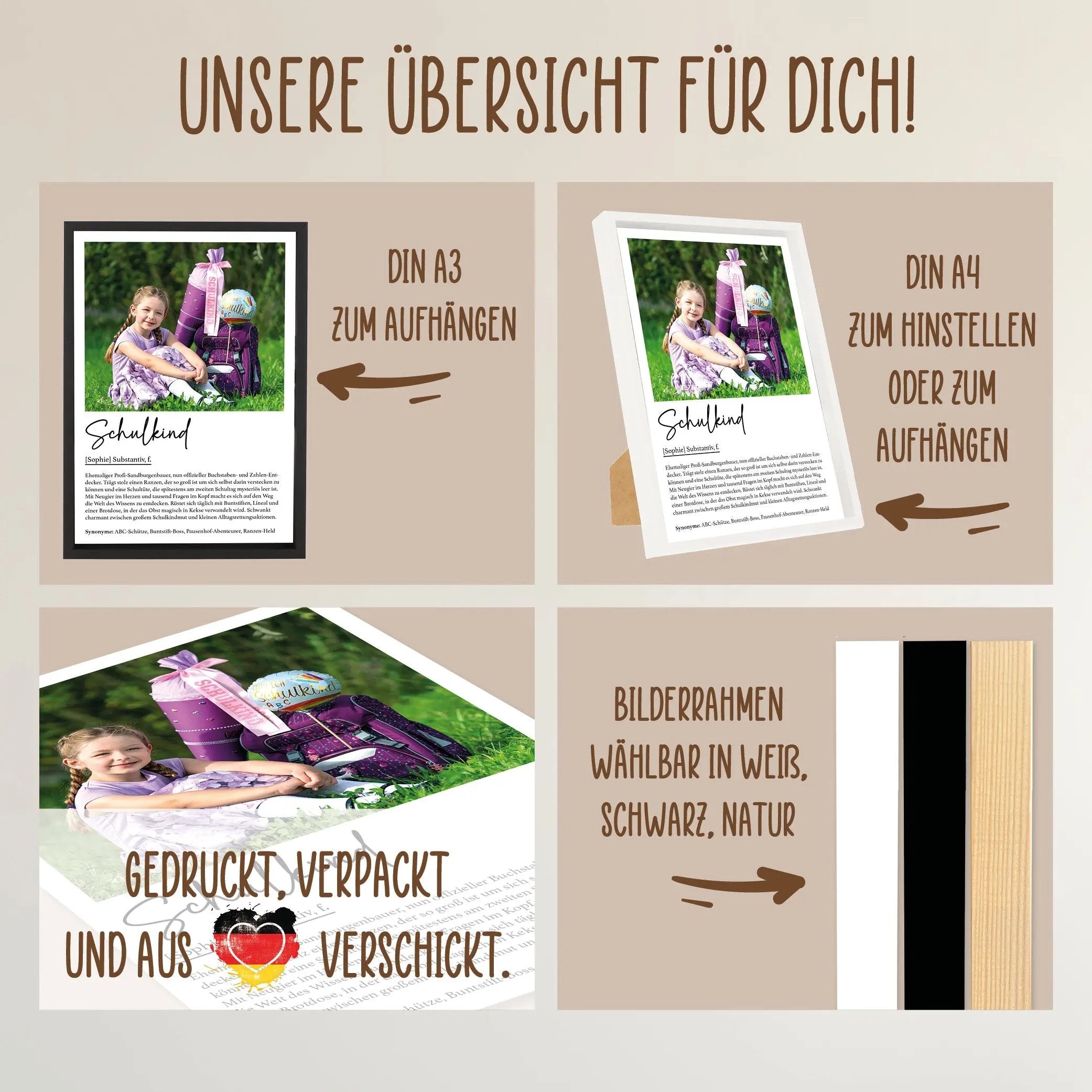Personalisiertes Poster Schulkind mit Foto und Namen inklusive Bilderrahmen aus Holz Geschenkideen