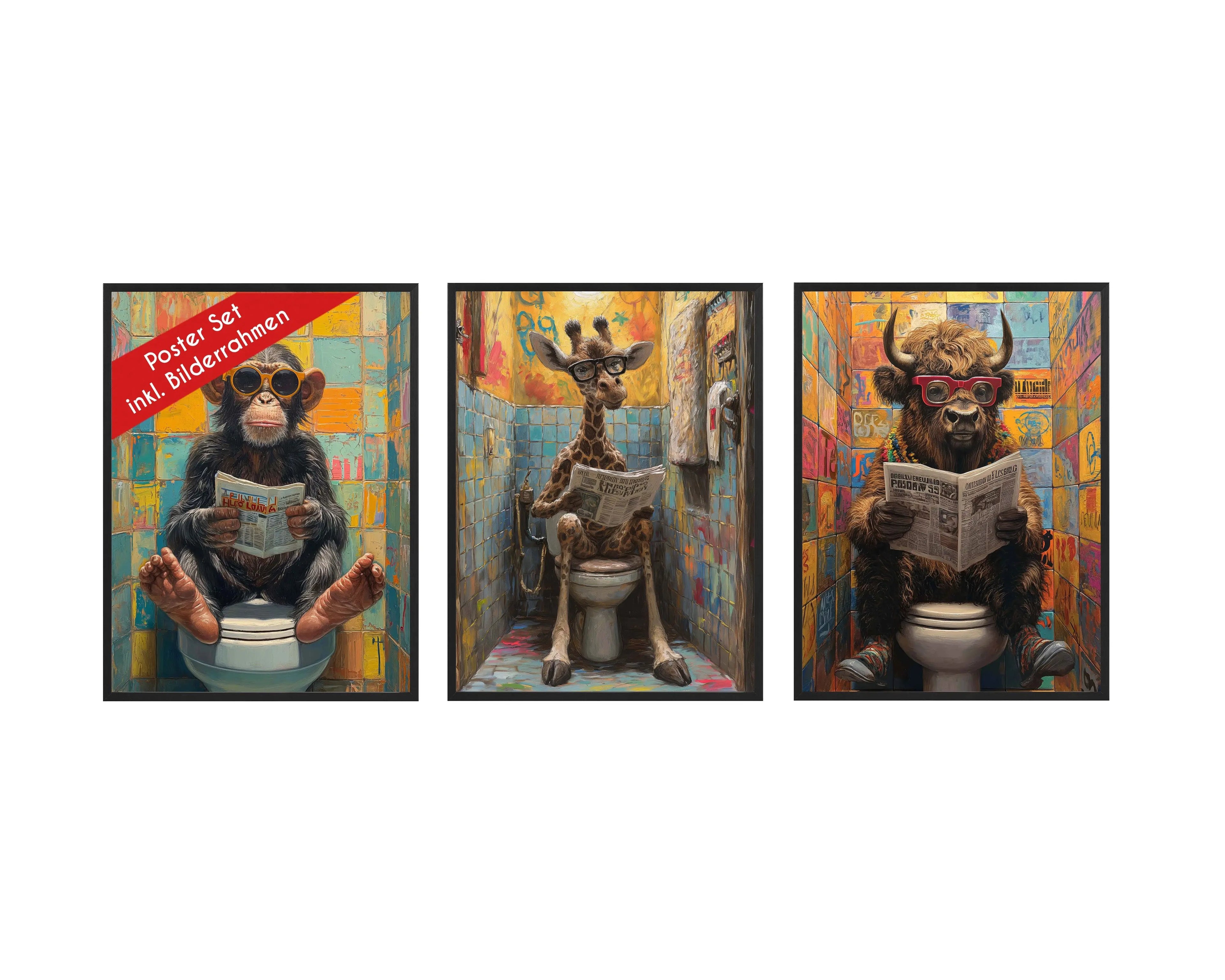 Wackadoo Poster Set "WC Tiere" 3er Set inklusive Bilderrahmen Bilderrahmen Set