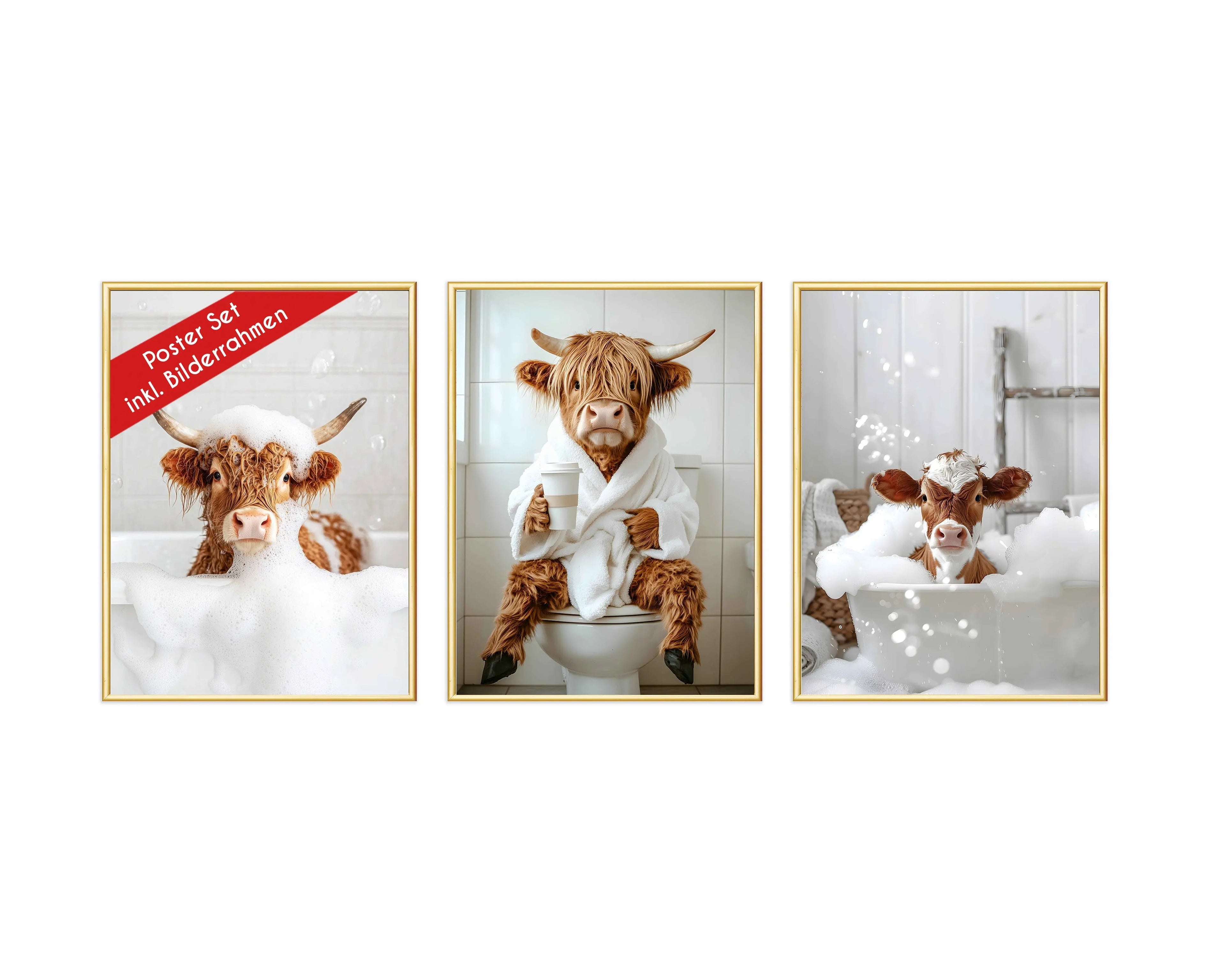 Wackadoo Poster Set "Shower Kuh" 3er Set inklusive Bilderrahmen Bilderrahmen Set