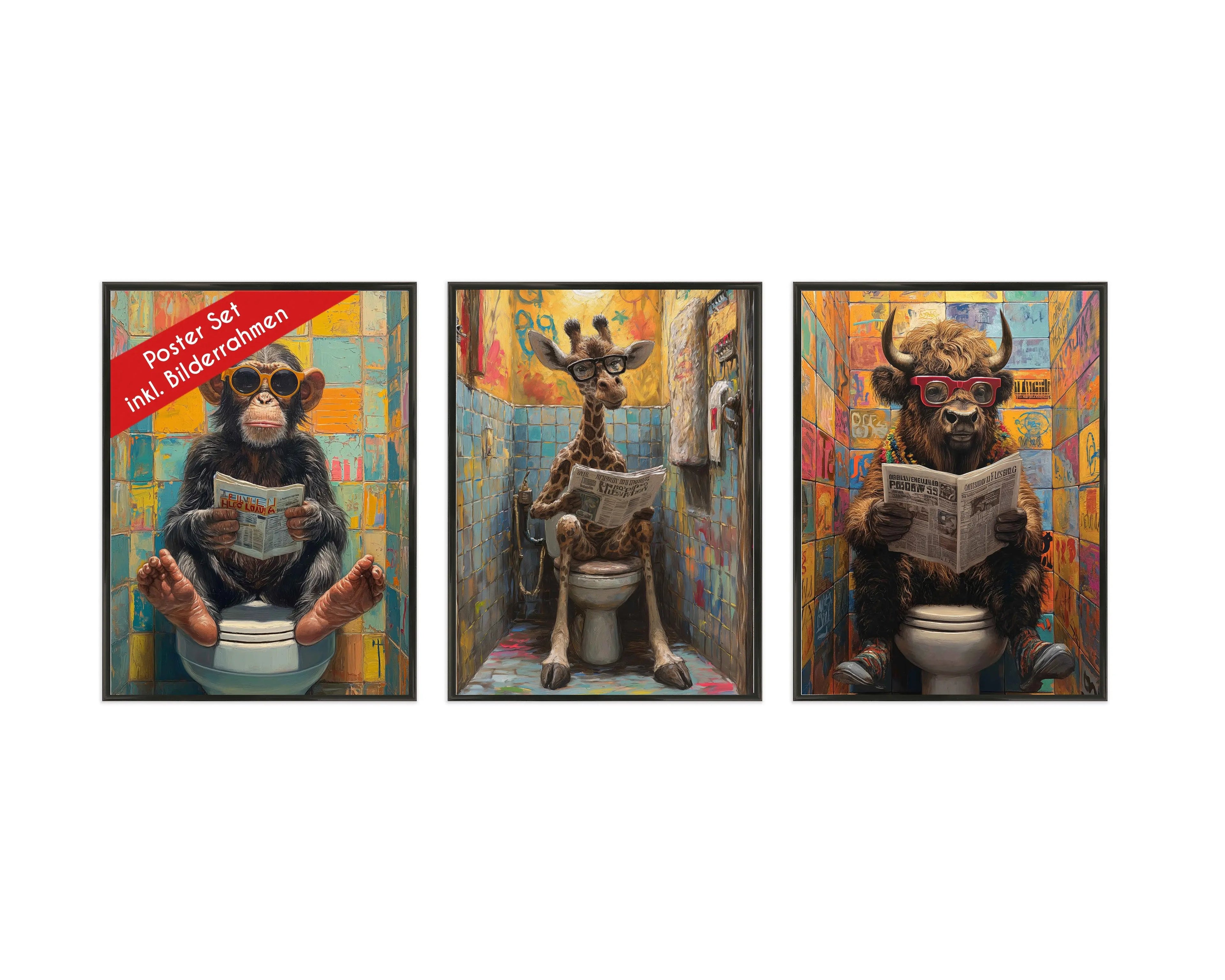 Wackadoo Poster Set "WC Tiere" 3er Set inklusive Bilderrahmen Bilderrahmen Set