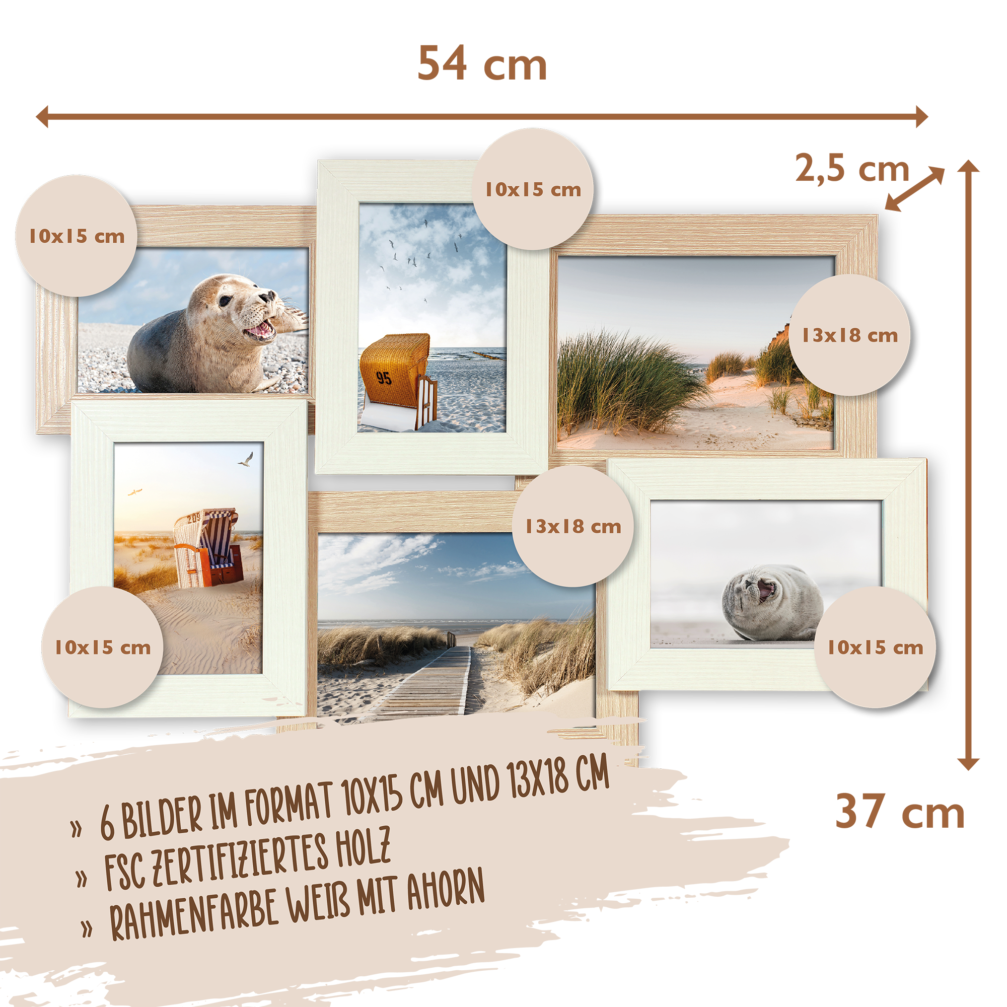 Wackadoo Bilderrahmen Collage Holz für 6 Fotos aus Holz mit Glasscheibe COLLAGERAHMEN