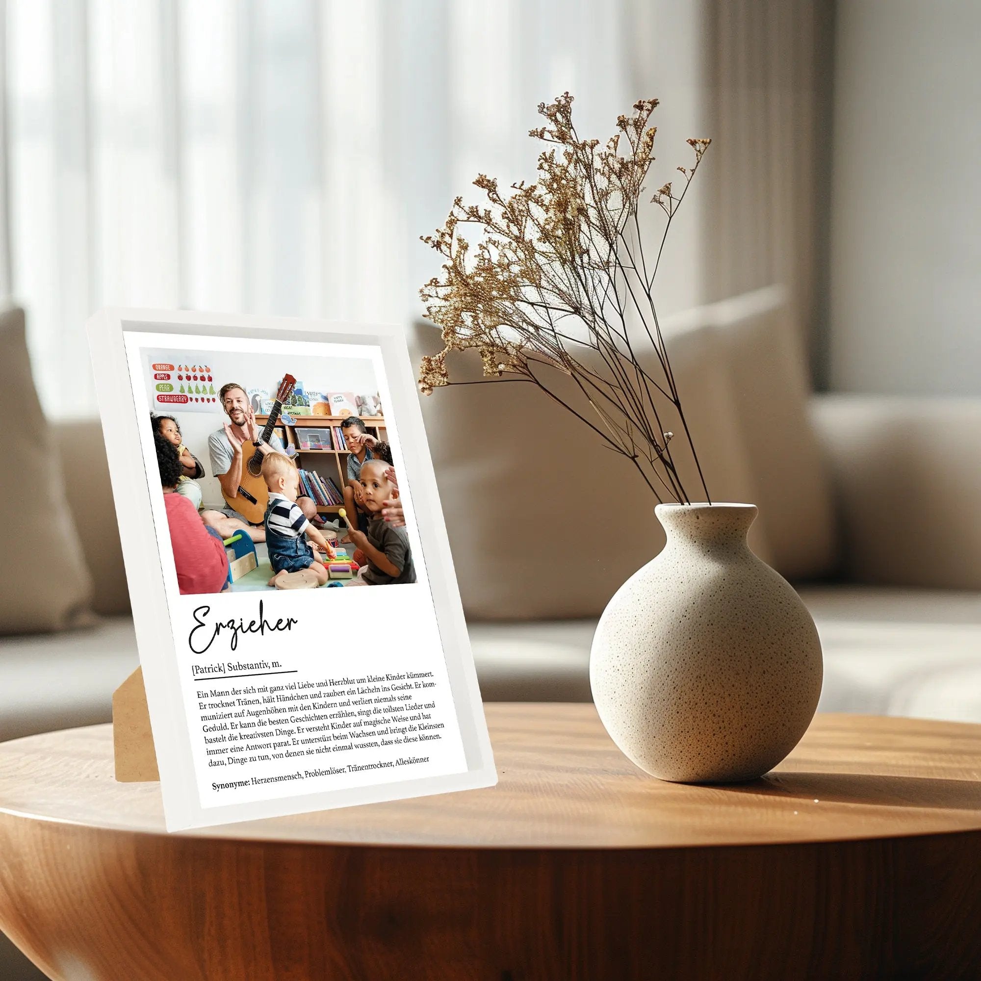 Wackadoo Poster Erzieher mit Foto und Namen Personalisiertes Geschenk inklusive Bilderrahmen aus Holz Geschenkideen