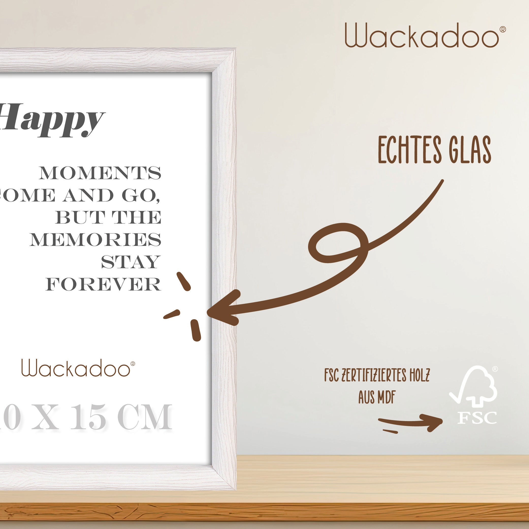 NEU Wackadoo Bilderrahmen 3er Set HAPPY Weiss aus MDF Holz für Poster und Fotowände mit Glasscheibe