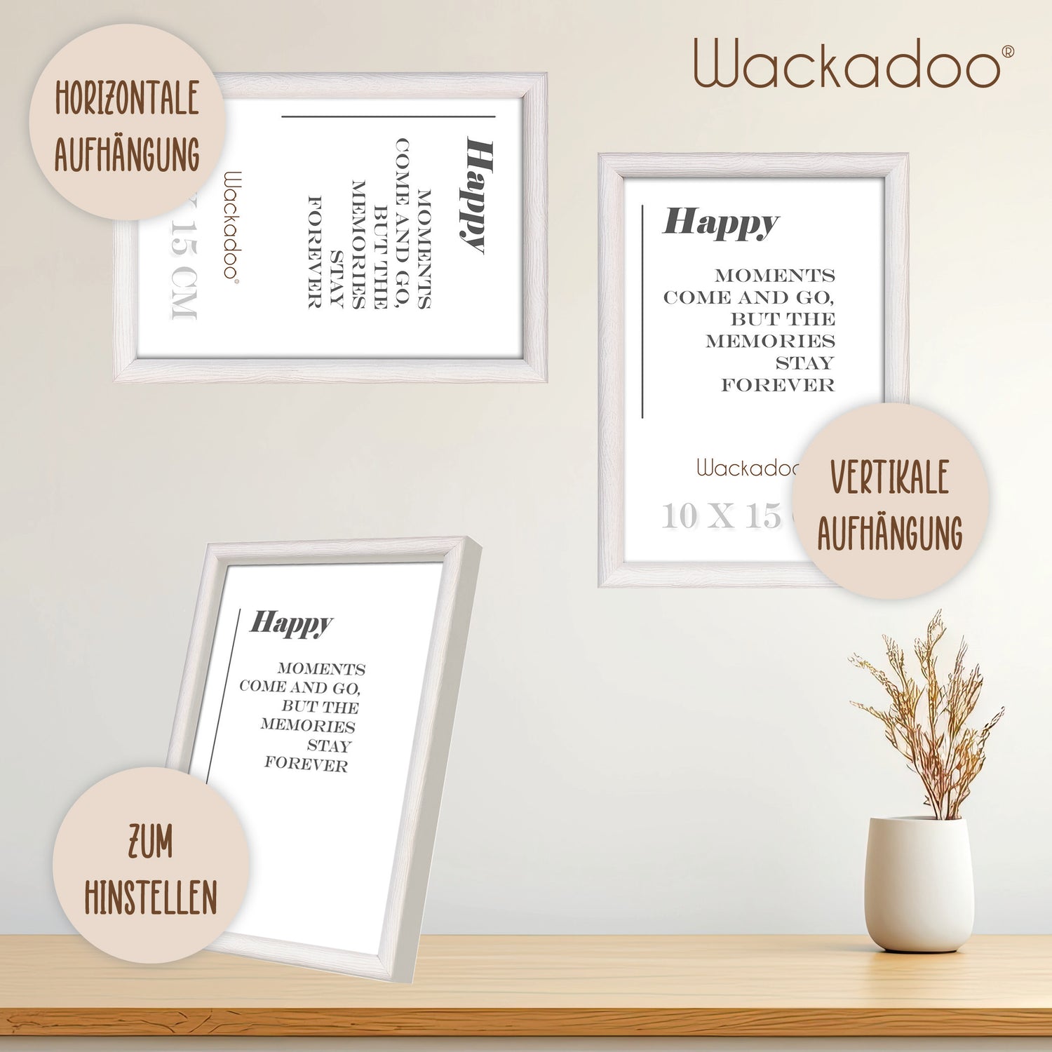 NEU Wackadoo Bilderrahmen 3er Set HAPPY Weiss aus MDF Holz für Poster und Fotowände mit Glasscheibe
