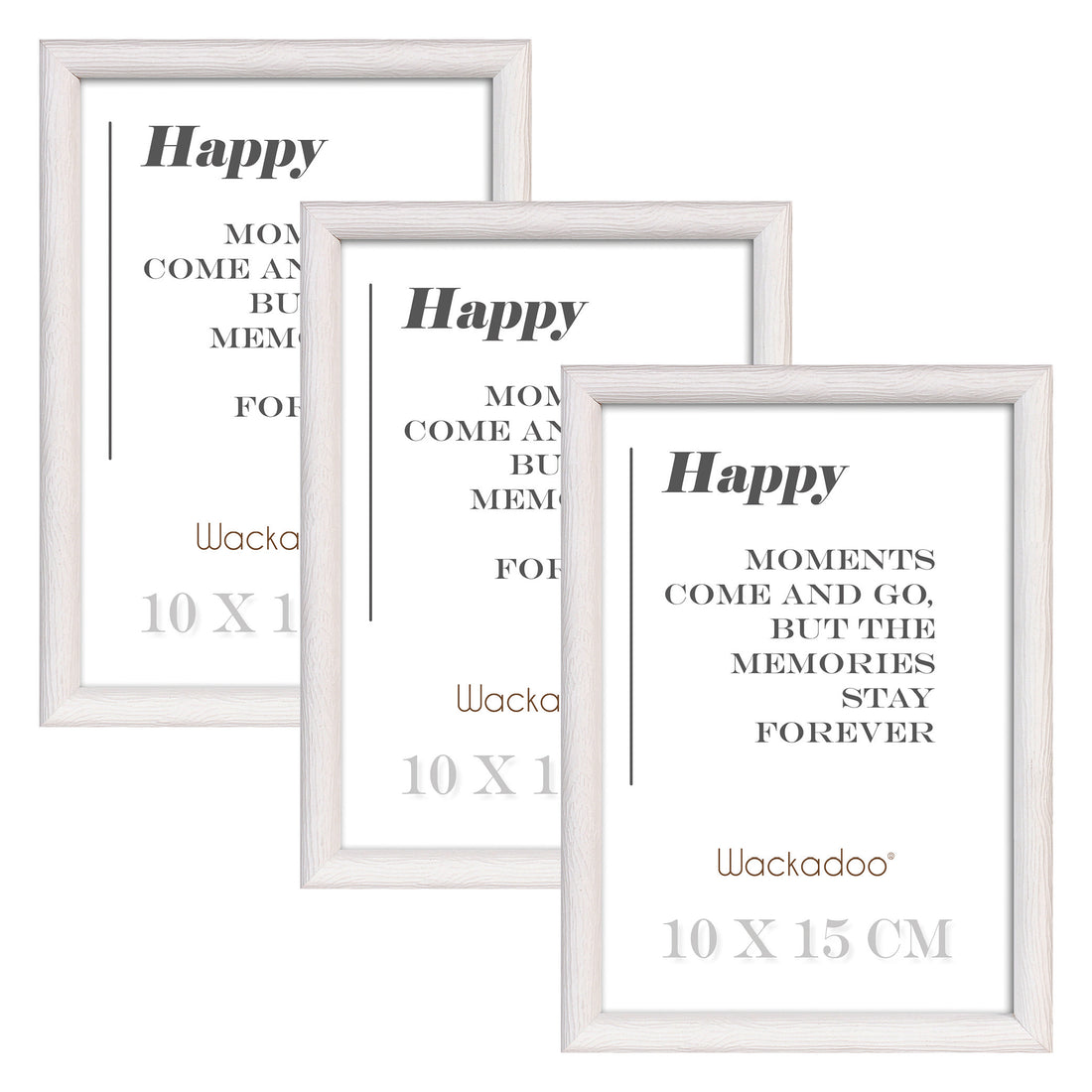 NEU Wackadoo Bilderrahmen 3er Set HAPPY Weiss aus MDF Holz für Poster und Fotowände mit Glasscheibe