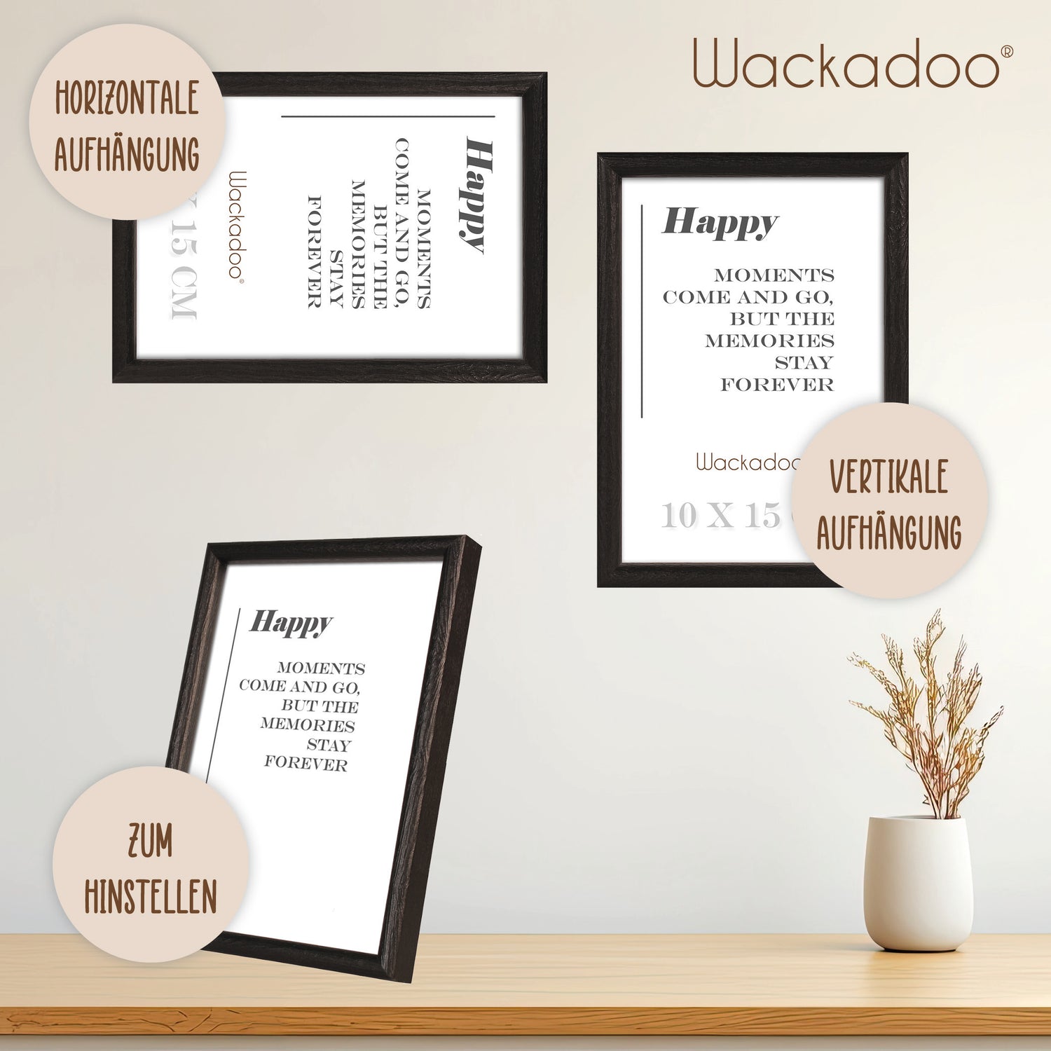 NEU Wackadoo Bilderrahmen 3er Set HAPPY Schwarz aus MDF Holz für Poster und Fotowände mit Glasscheibe
