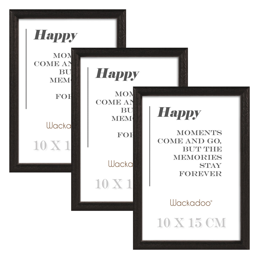 NEU Wackadoo Bilderrahmen 3er Set HAPPY Schwarz aus MDF Holz für Poster und Fotowände mit Glasscheibe