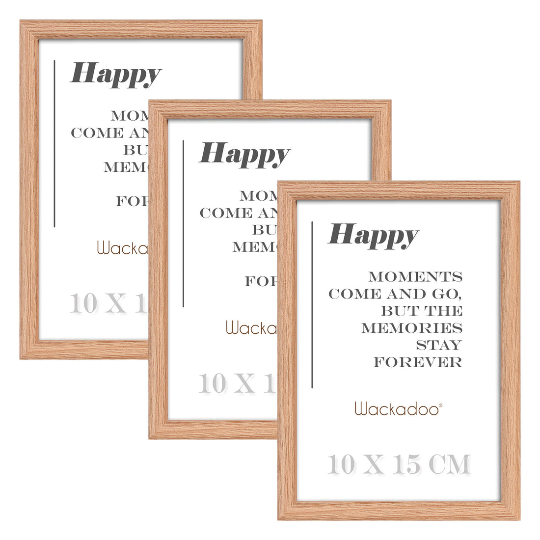 NEU Wackadoo Bilderrahmen 3er Set HAPPY Eiche aus MDF Holz für Poster und Fotowände mit Glasscheibe
