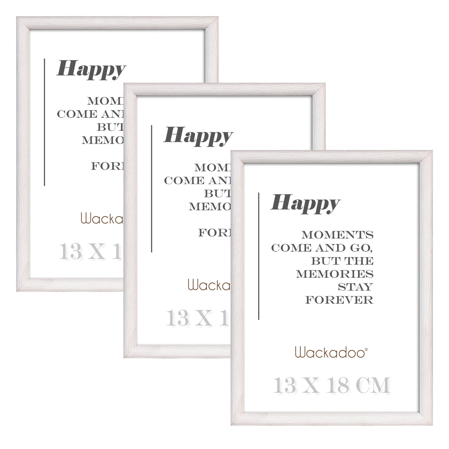 NEU Wackadoo Bilderrahmen 3er Set HAPPY Weiss aus MDF Holz für Poster und Fotowände mit Glasscheibe