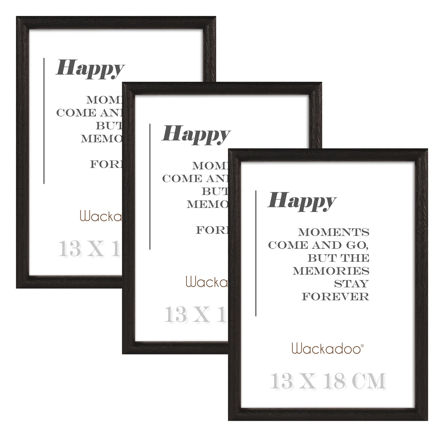 NEU Wackadoo Bilderrahmen 3er Set HAPPY Schwarz aus MDF Holz für Poster und Fotowände mit Glasscheibe