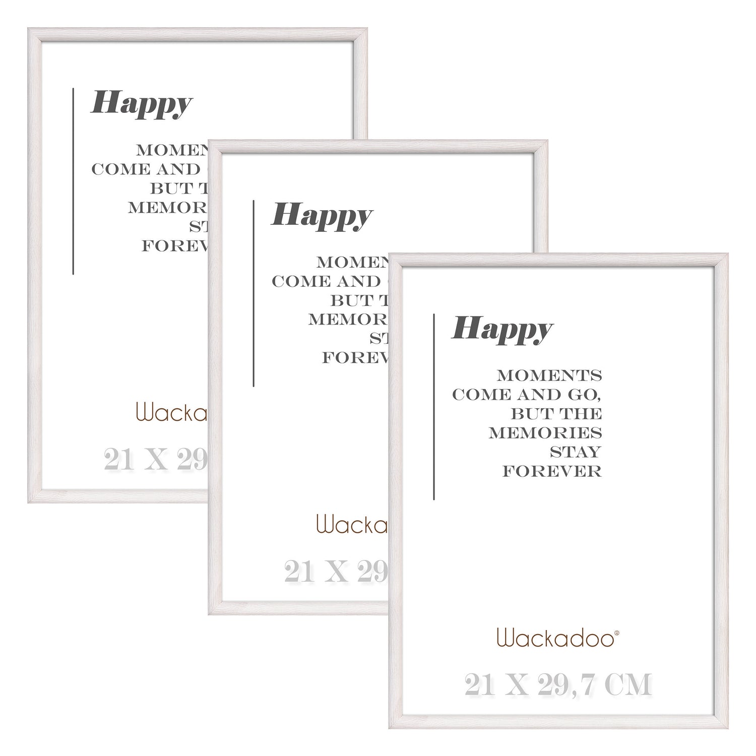 NEU Wackadoo Bilderrahmen 3er Set HAPPY Weiss aus MDF Holz für Poster und Fotowände mit Glasscheibe