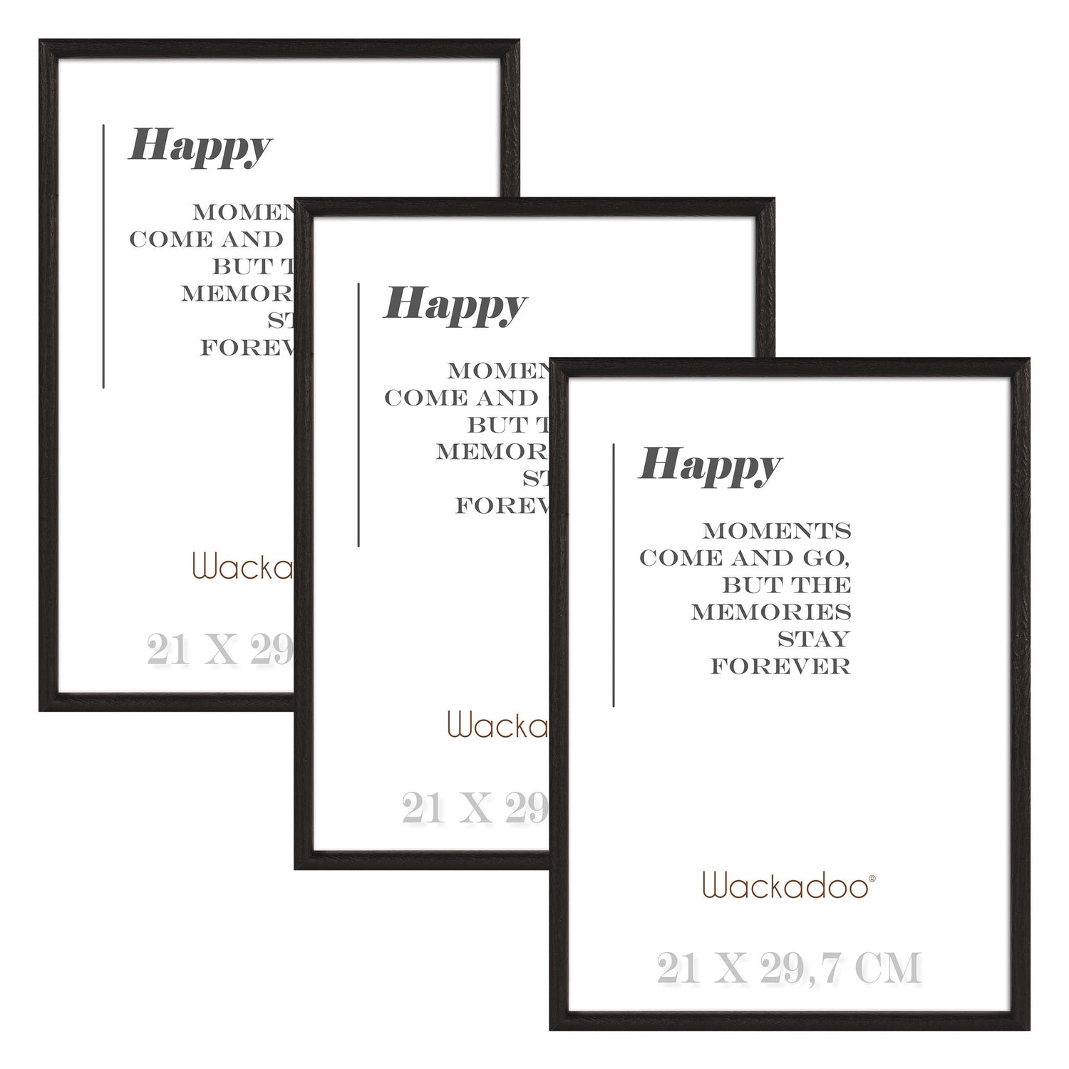 NEU Wackadoo Bilderrahmen 3er Set HAPPY Schwarz aus MDF Holz für Poster und Fotowände mit Glasscheibe