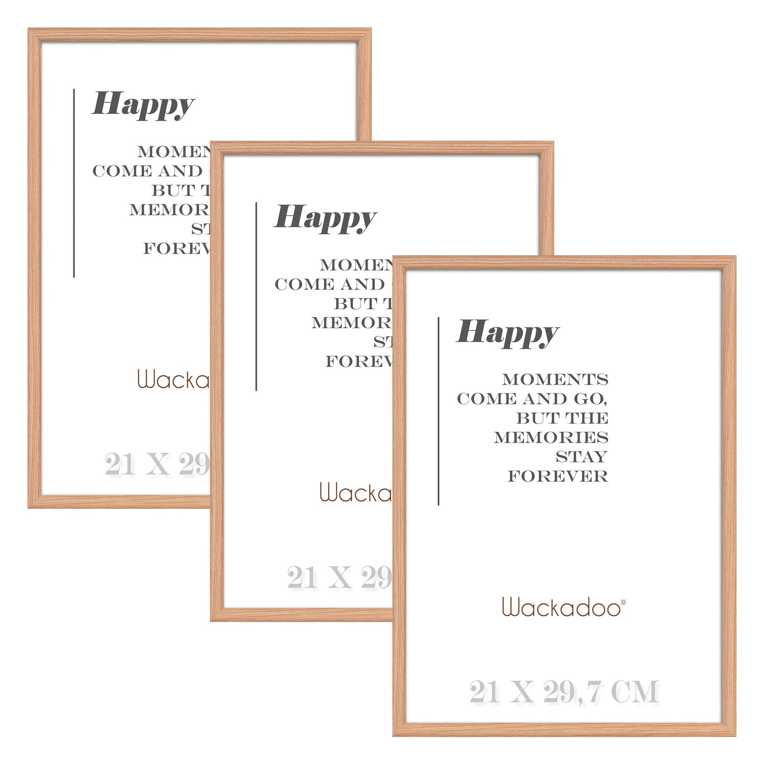 NEU Wackadoo Bilderrahmen 3er Set HAPPY Eiche aus MDF Holz für Poster und Fotowände mit Glasscheibe