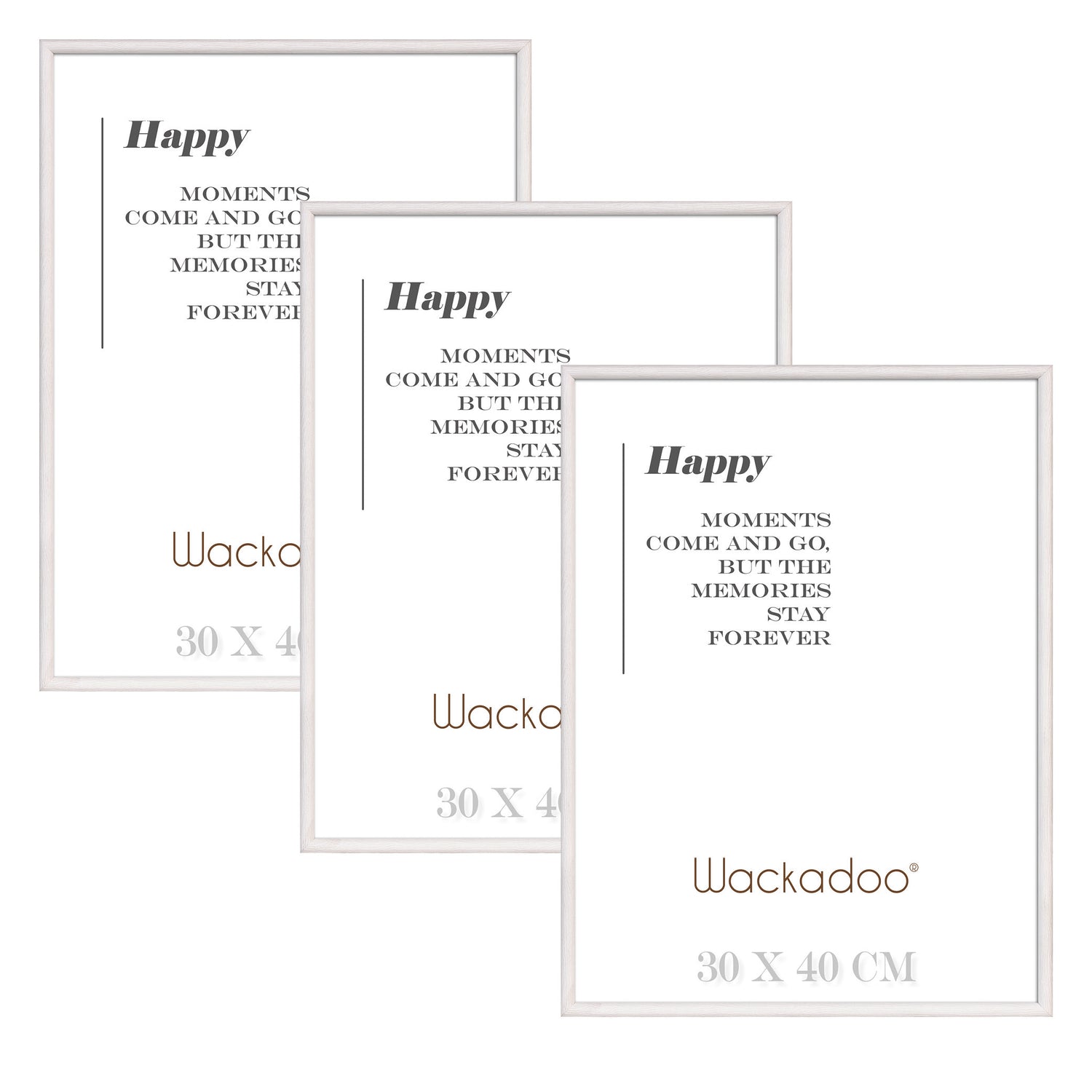 NEU Wackadoo Bilderrahmen 3er Set HAPPY Weiss aus MDF Holz für Poster und Fotowände mit Glasscheibe