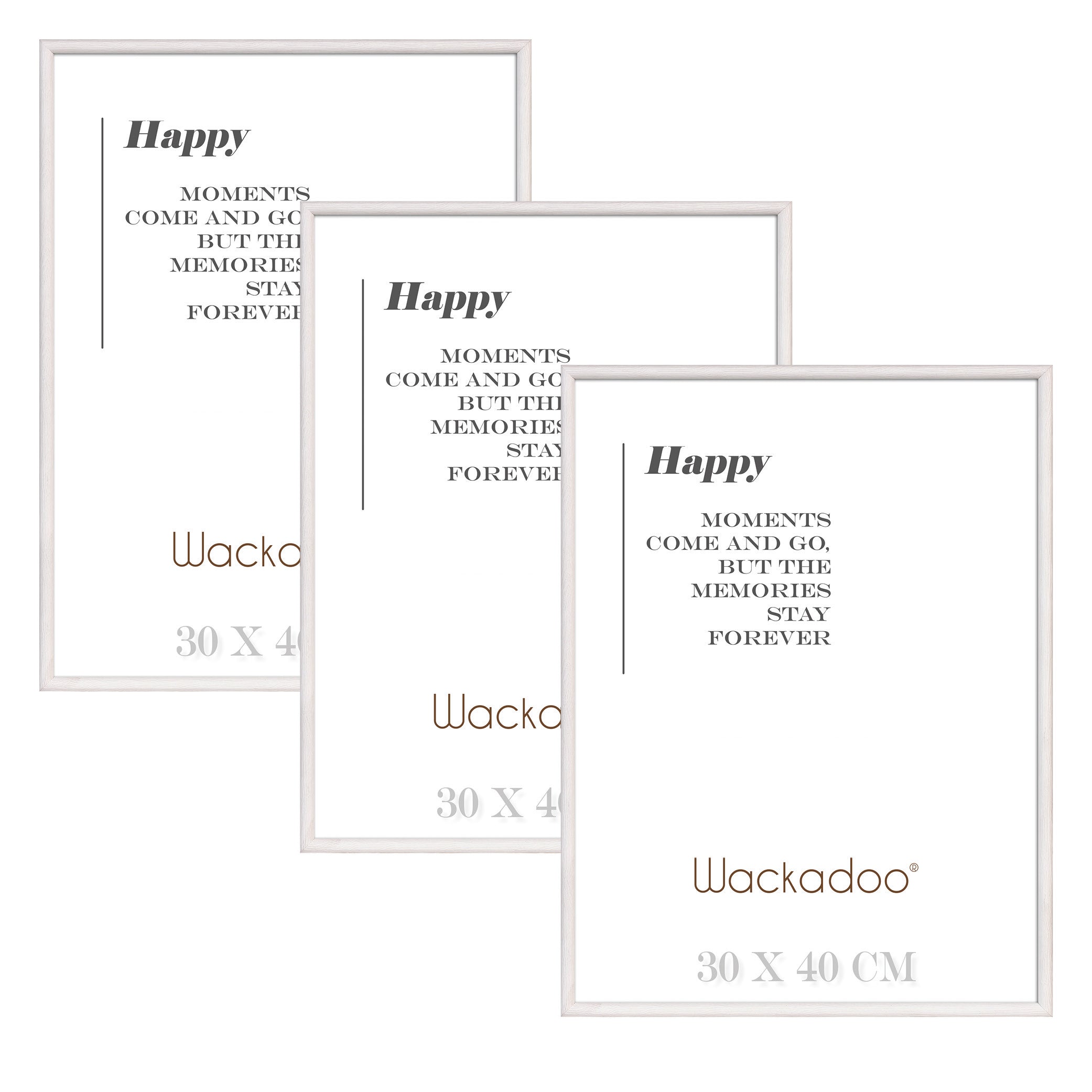 NEU Wackadoo Bilderrahmen 3er Set HAPPY Weiss aus MDF Holz für Poster und Fotowände mit Glasscheibe