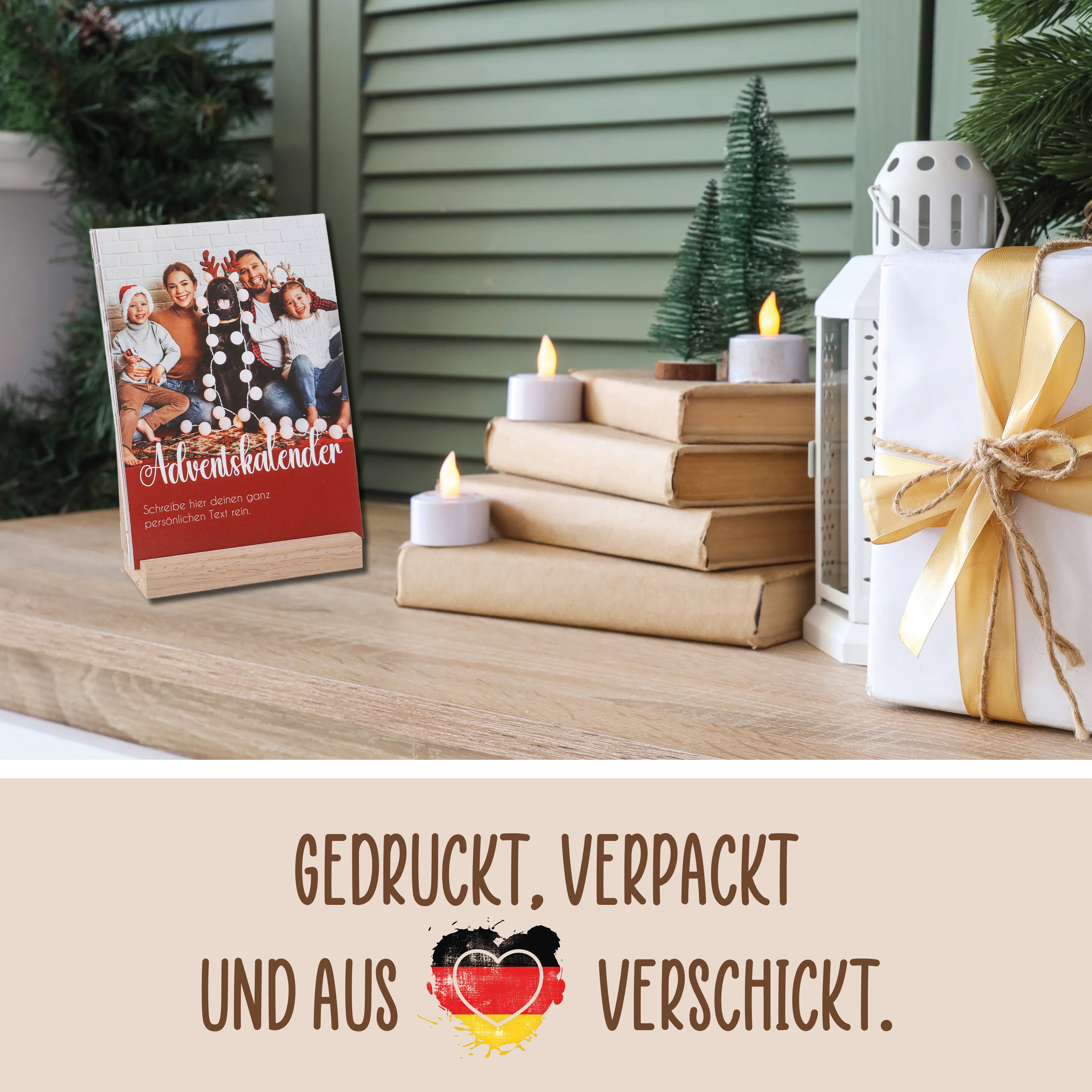 Personalisierter Adventskalender 2025 mit eigenen Fotos und Holzaufsteller