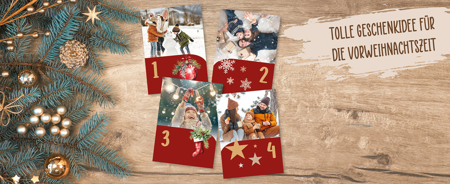 Personalisierter Adventskalender 2025 mit eigenen Fotos und Holzaufsteller