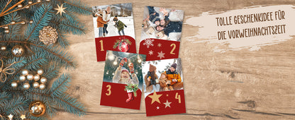 Personalisierter Adventskalender 2025 mit eigenen Fotos und Holzaufsteller