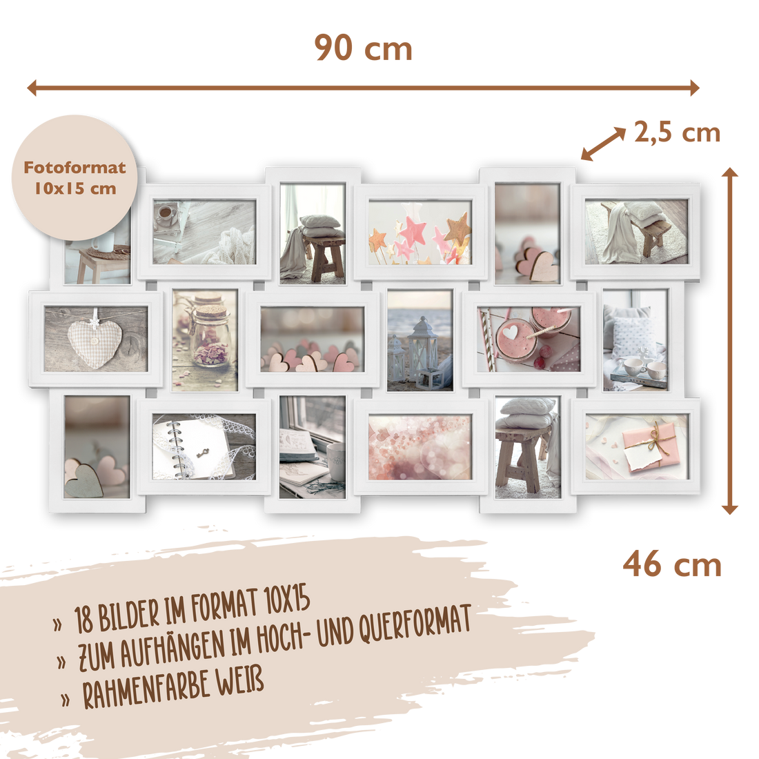 Wackadoo Bilderrahmen Collage weiß für 18 Fotos aus Kunststoff mit Glasscheiben COLLAGERAHMEN