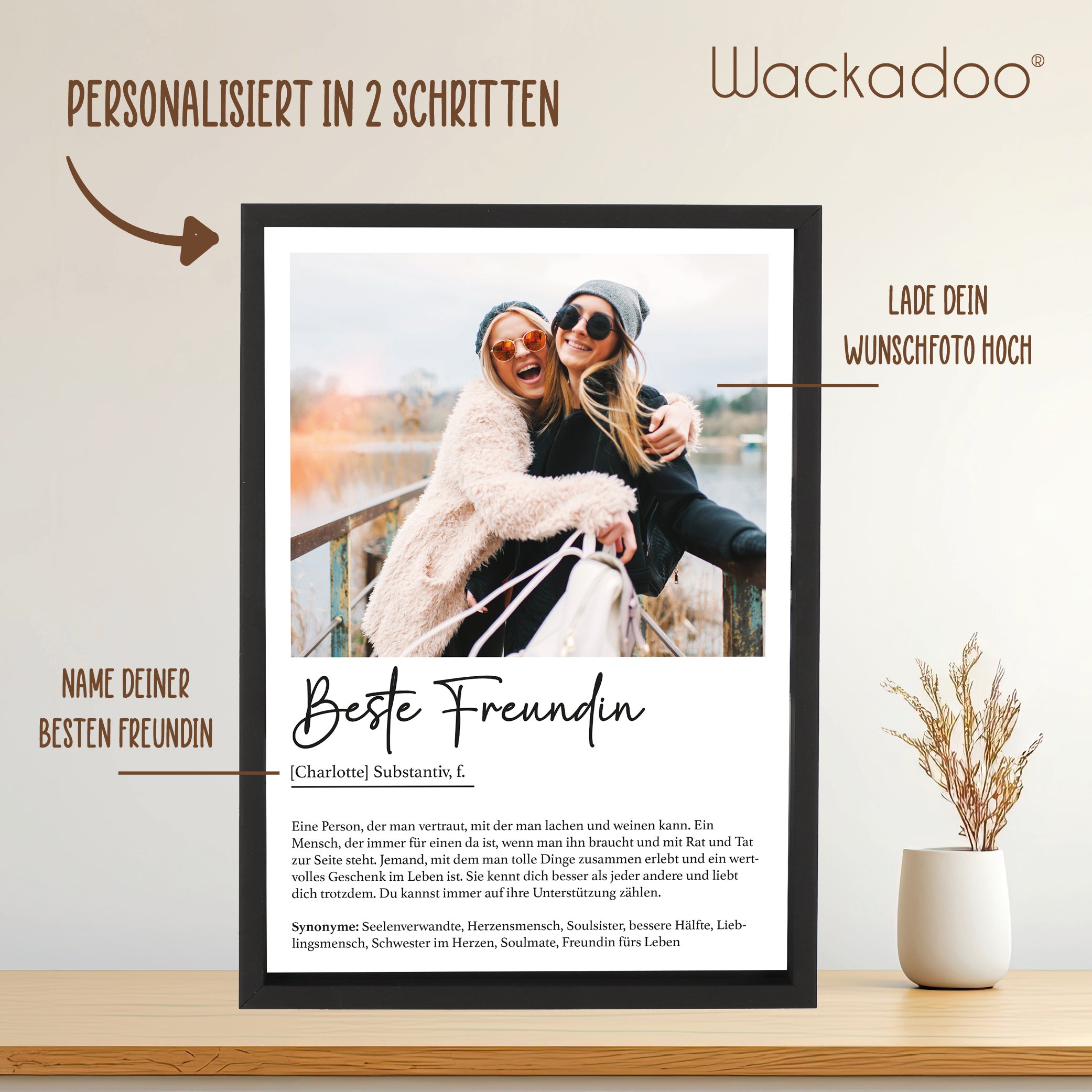 Wackadoo Poster Beste Freundin mit Foto und Namen Personalisiertes Geschenk inklusive Bilderrahmen aus Holz