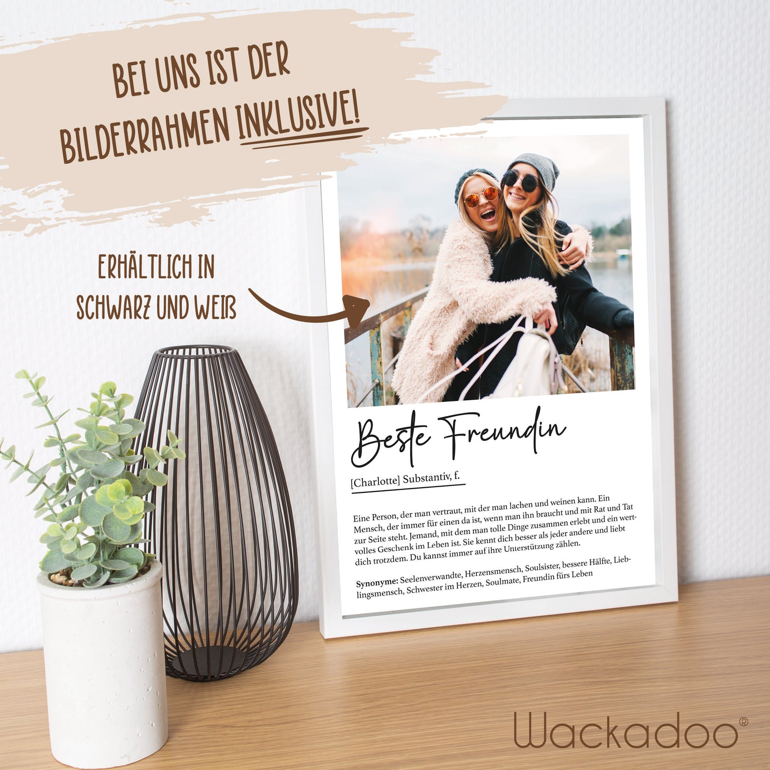 Wackadoo Poster Beste Freundin mit Foto und Namen Personalisiertes Geschenk inklusive Bilderrahmen aus Holz