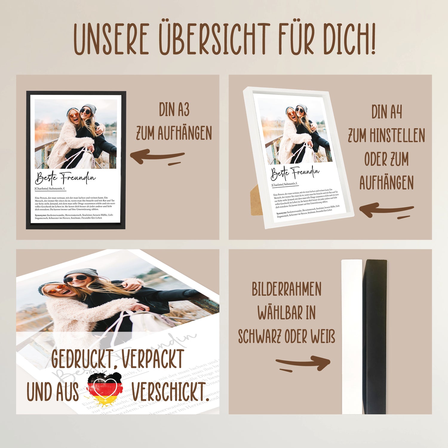 Wackadoo Poster Beste Freundin mit Foto und Namen Personalisiertes Geschenk inklusive Bilderrahmen aus Holz