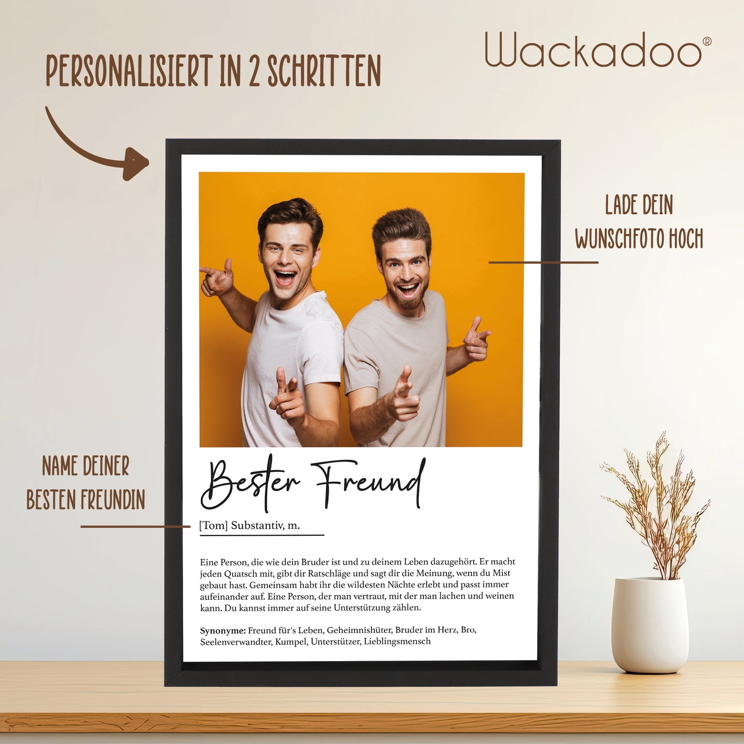 Wackadoo Poster Bester Freund mit Foto und Namen Personalisiertes Geschenk inklusive Bilderrahmen aus Holz