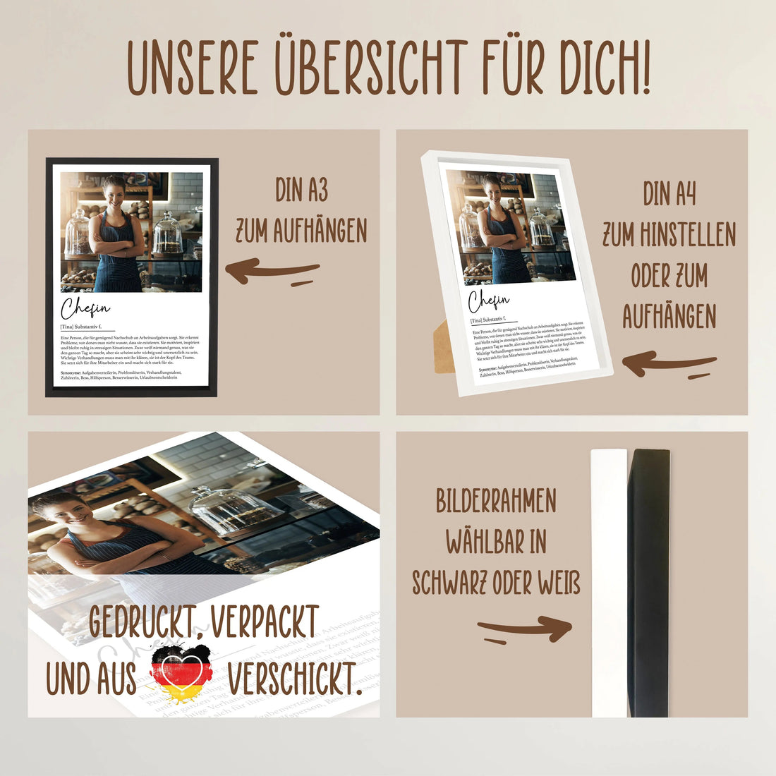 Wackadoo Poster Chefin mit Foto und Namen Personalisiertes Geschenk inklusive Bilderrahmen aus Holz Geschenkideen