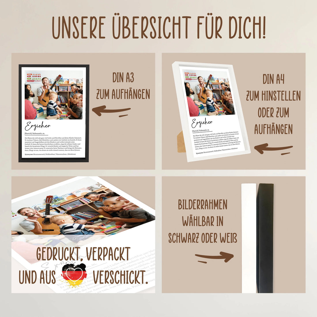 Wackadoo Poster Erzieher mit Foto und Namen Personalisiertes Geschenk inklusive Bilderrahmen aus Holz Geschenkideen