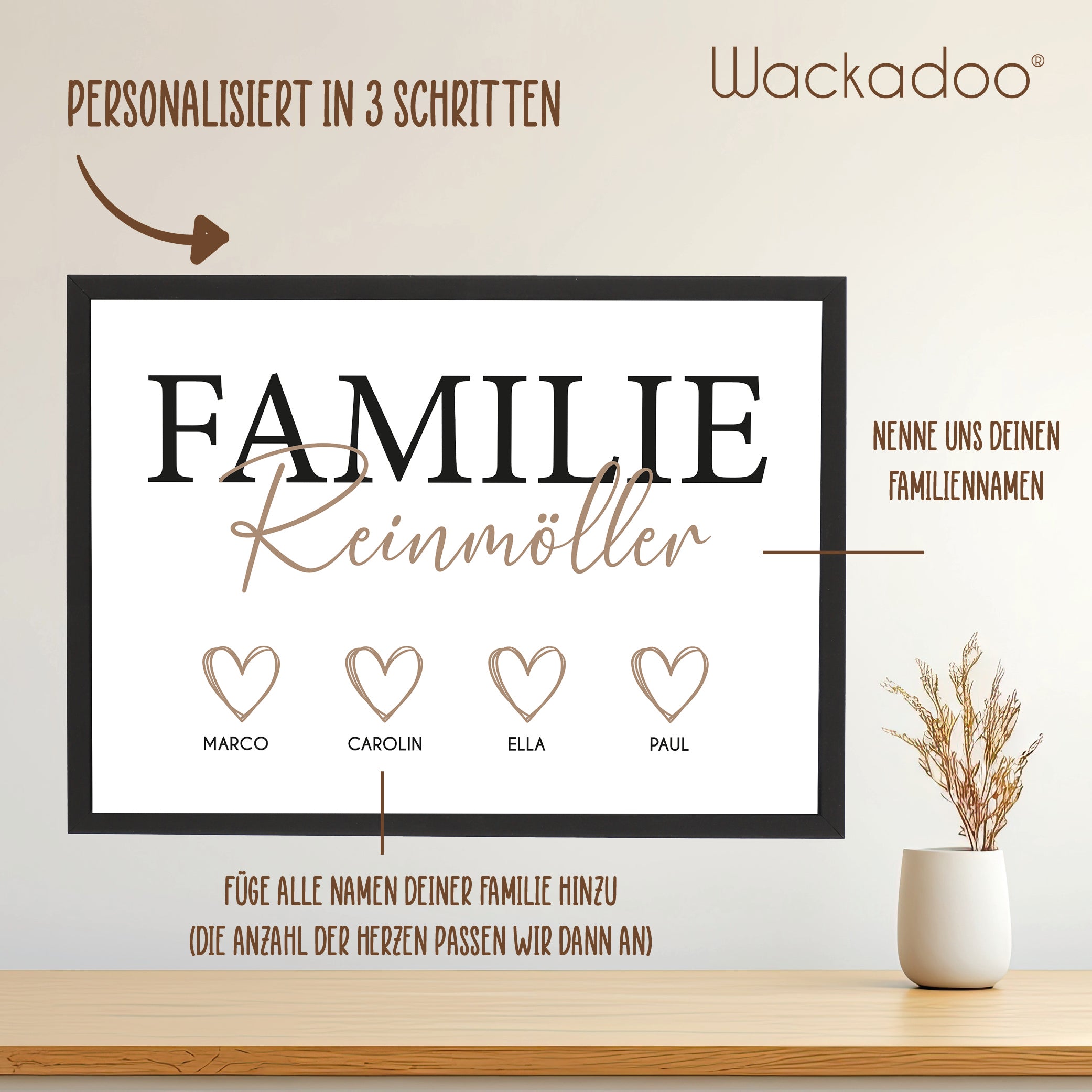 Wackadoo Poster Familie mit Herzen und Namen Personalisiertes Geschenk inklusive Bilderrahmen aus Holz