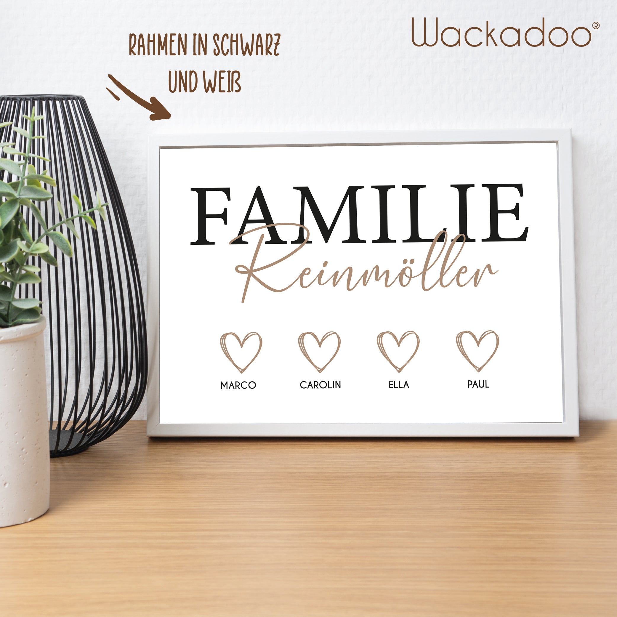 Wackadoo Poster Familie mit Herzen und Namen Personalisiertes Geschenk inklusive Bilderrahmen aus Holz