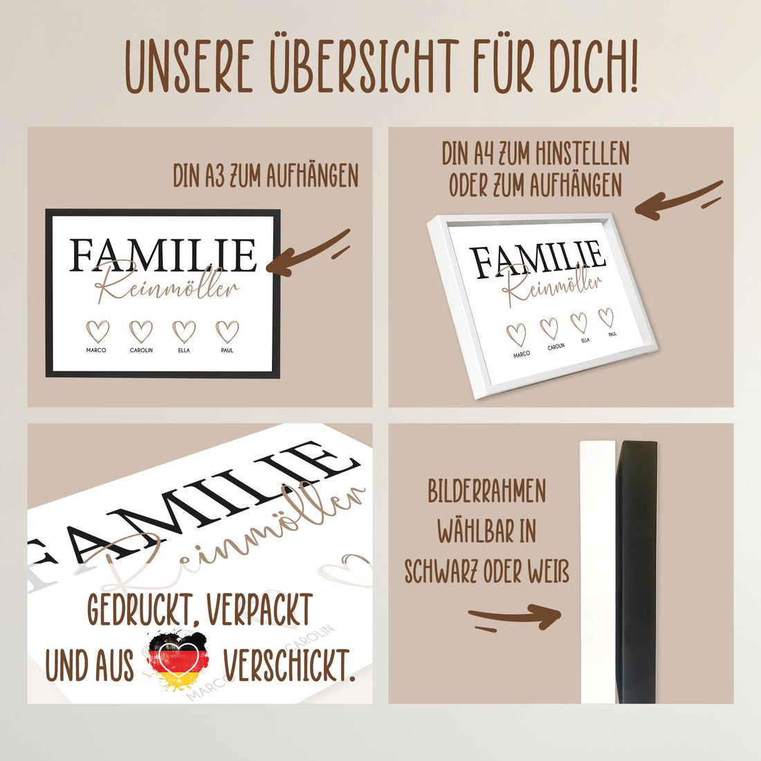 Wackadoo Poster Familie mit Herzen und Namen Personalisiertes Geschenk inklusive Bilderrahmen aus Holz Geschenkideen